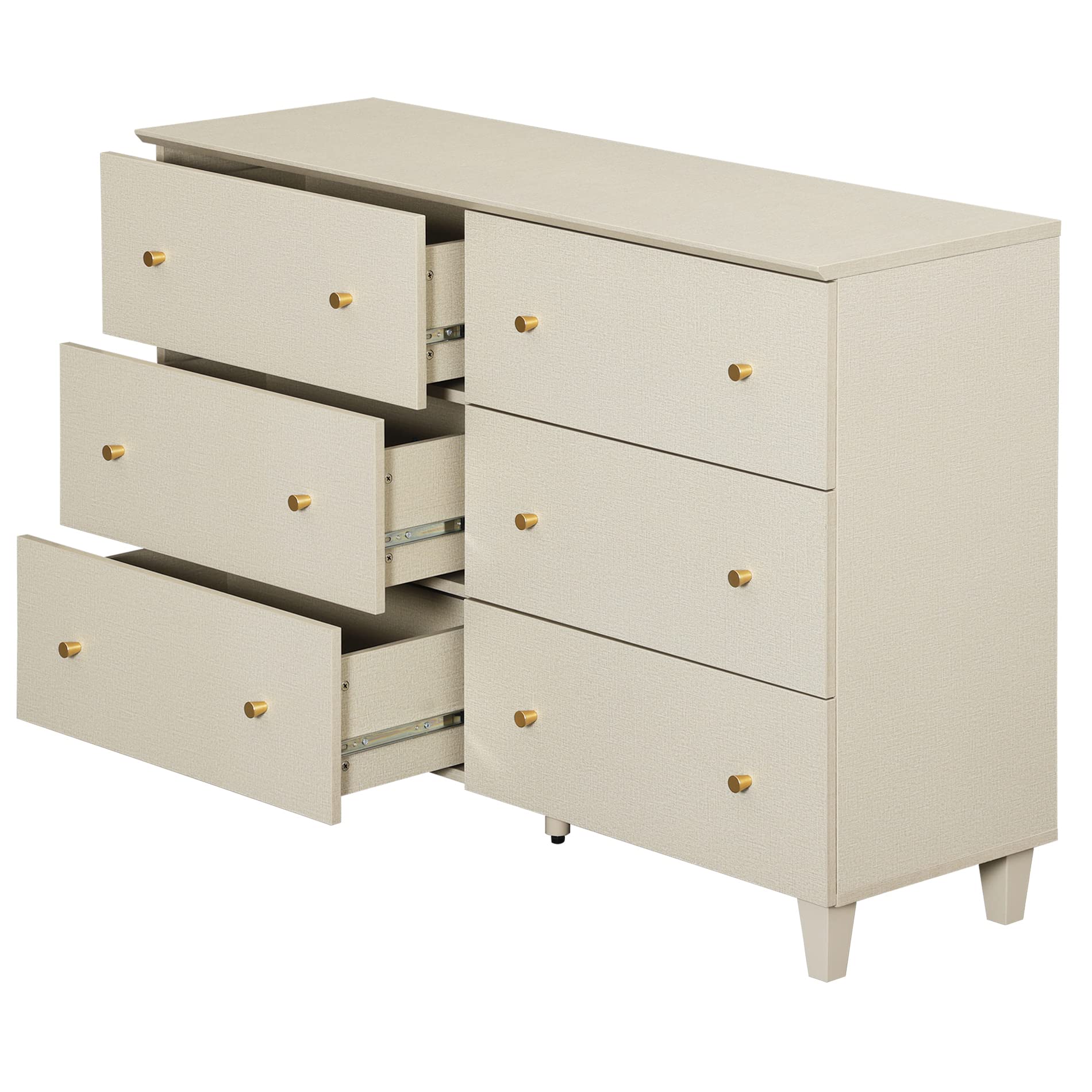 6-Drawer Dresser with Solid Wood Legs - Beige