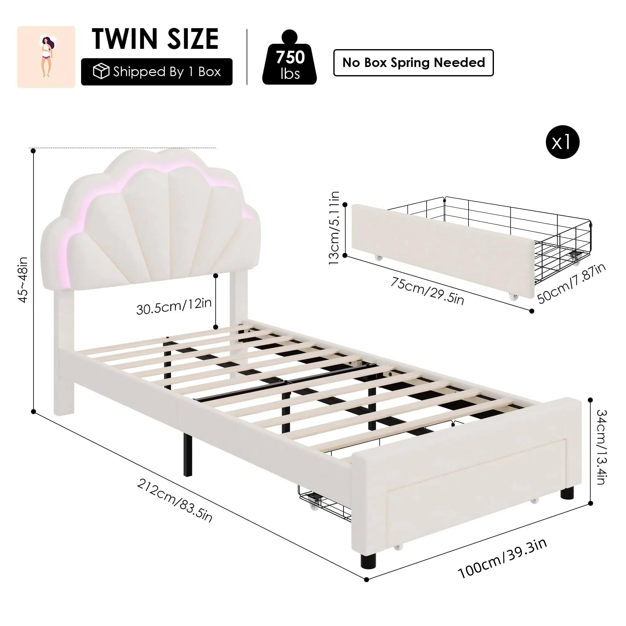 Twin Upholstered LED Bed Frame with Storage Drawer