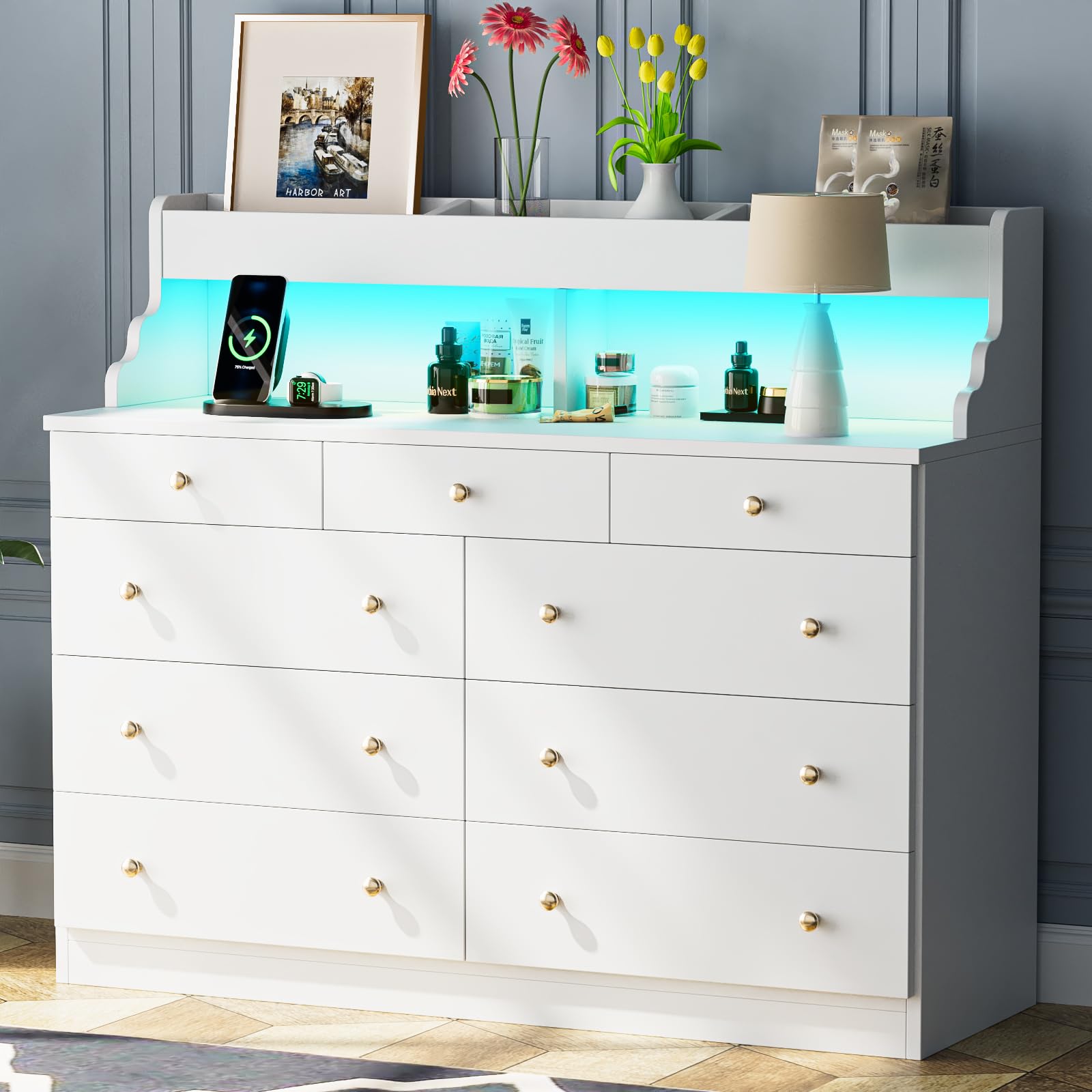 9 Drawer Dresser with LED Light and Power Outlet