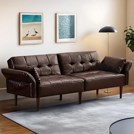 85" Futon Sofa Bed with Storage and Adjustable Armrests