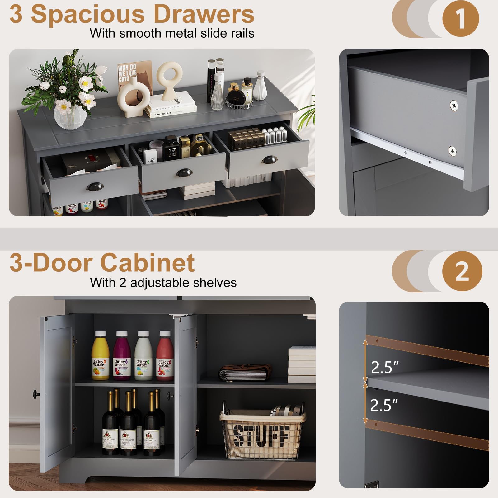 Grey Sideboard Buffet Cabinet with 3 Drawers and 2 Doors