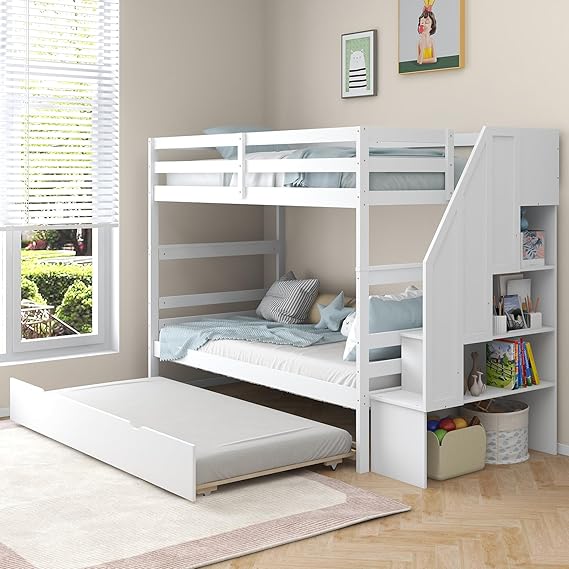 Twin Over Twin Bunk Bed with Trundle and Stairs
