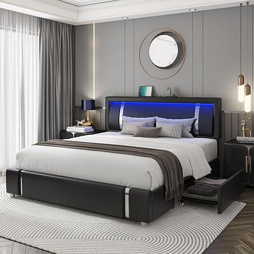 King Size LED Platform Bed Frame with Storage Drawers