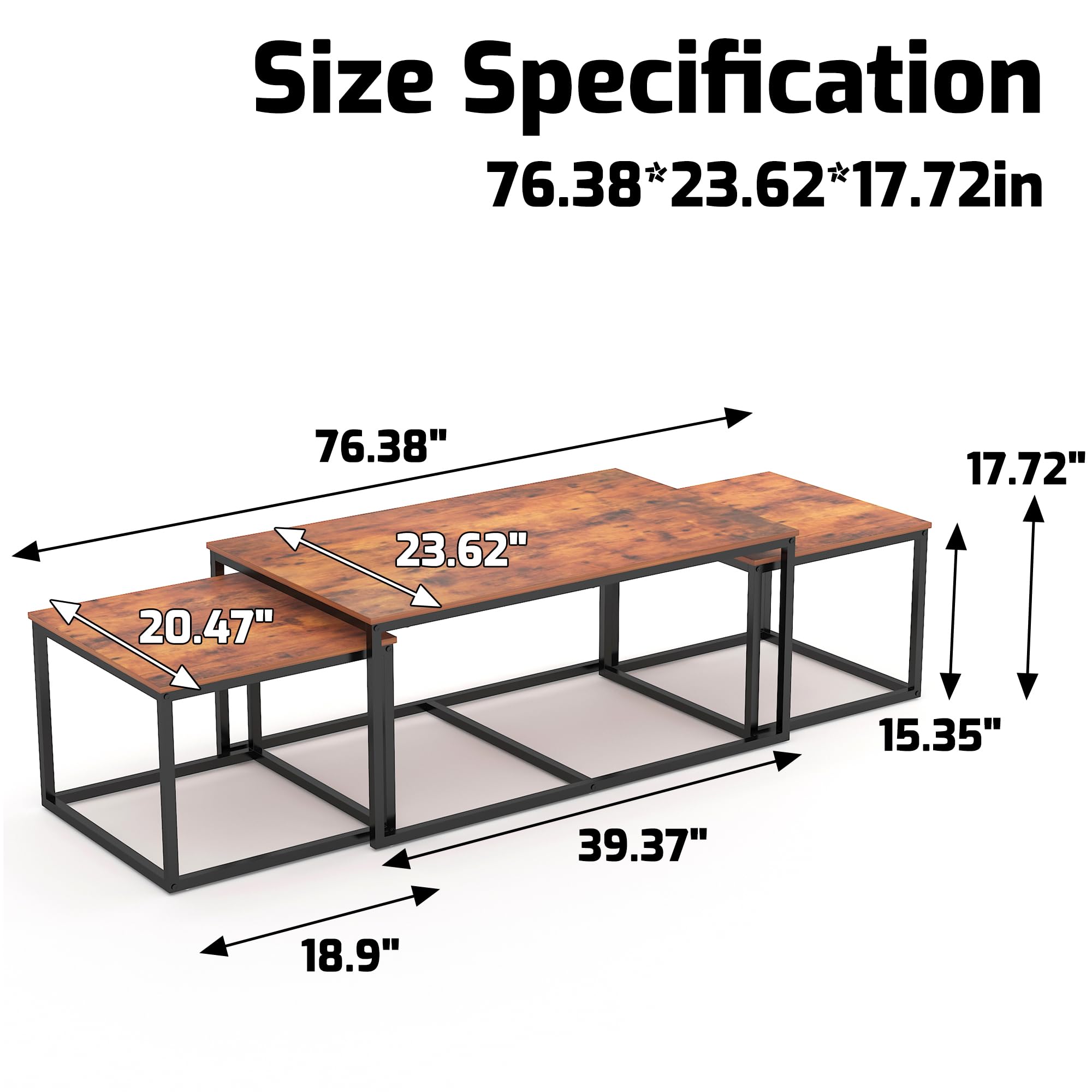 3-Piece Nesting Coffee Table Set - Industrial Rectangular End Tables