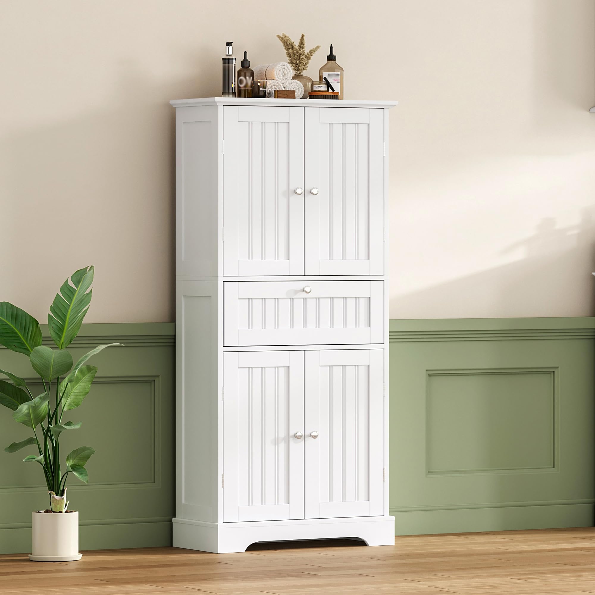51" Tall Bathroom Floor Cabinet with Drawer and Adjustable Shelves