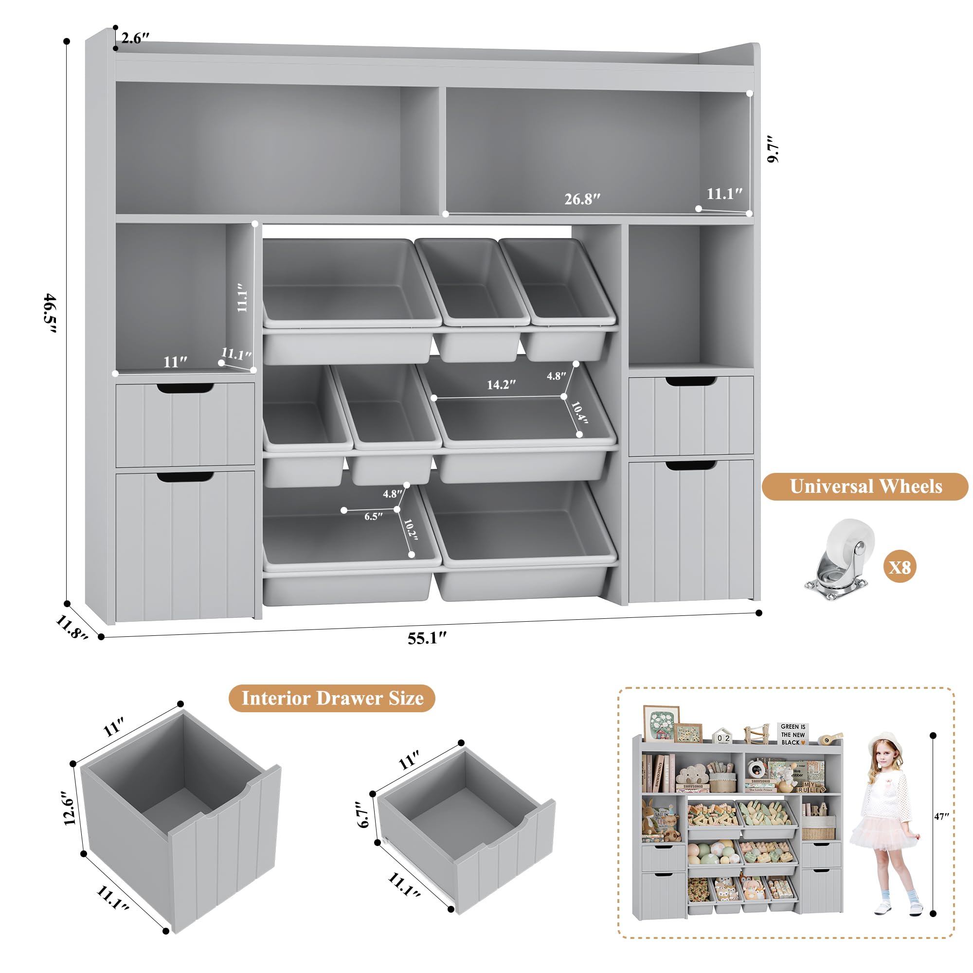 55" Toy Storage Organizer with Drawers and Removable Bins