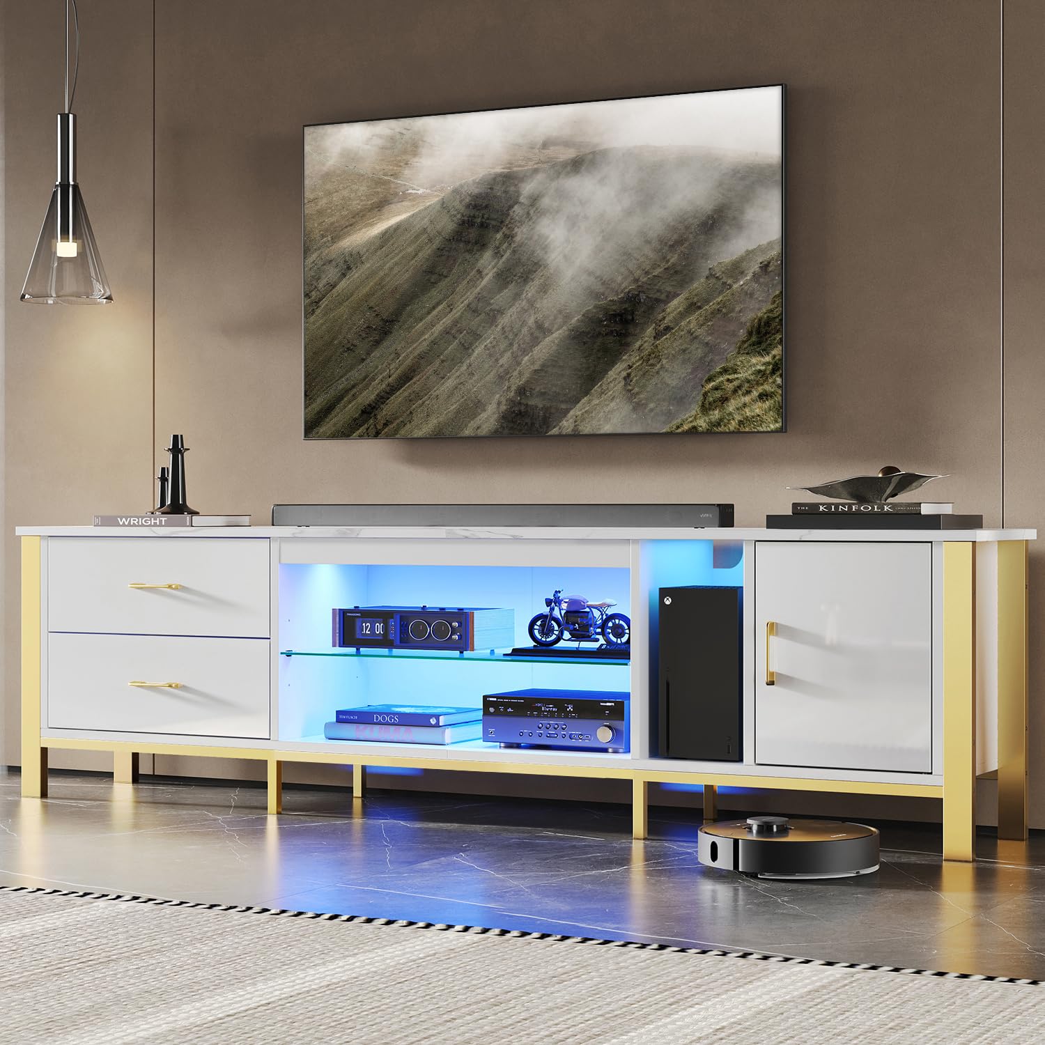 TV Stand for 75-85 Inch TVs with LED Lights and Storage
