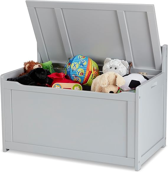 Wooden Toy Chest with Safety-Hinged Lid