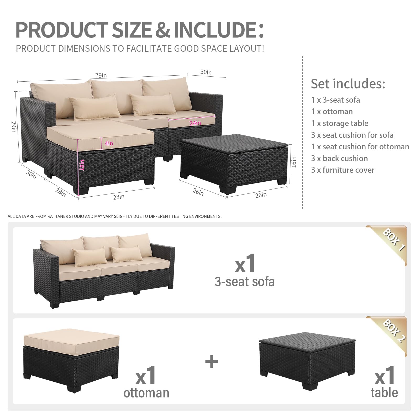 3-Piece Wicker Patio Furniture Set with Storage