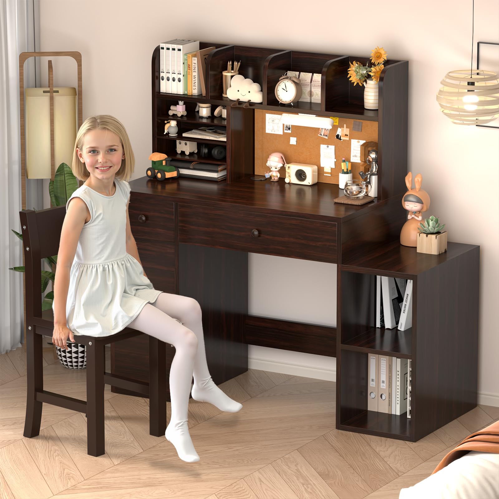 RUPOLX Wooden Espresso Kids Study Desk and Chair Set with Light, 2 Drawers and 4 Storage Cabinets, Children Desk with 4 Open Hutch and Shelves, Girls Study Desk for Kids Bedroom-003