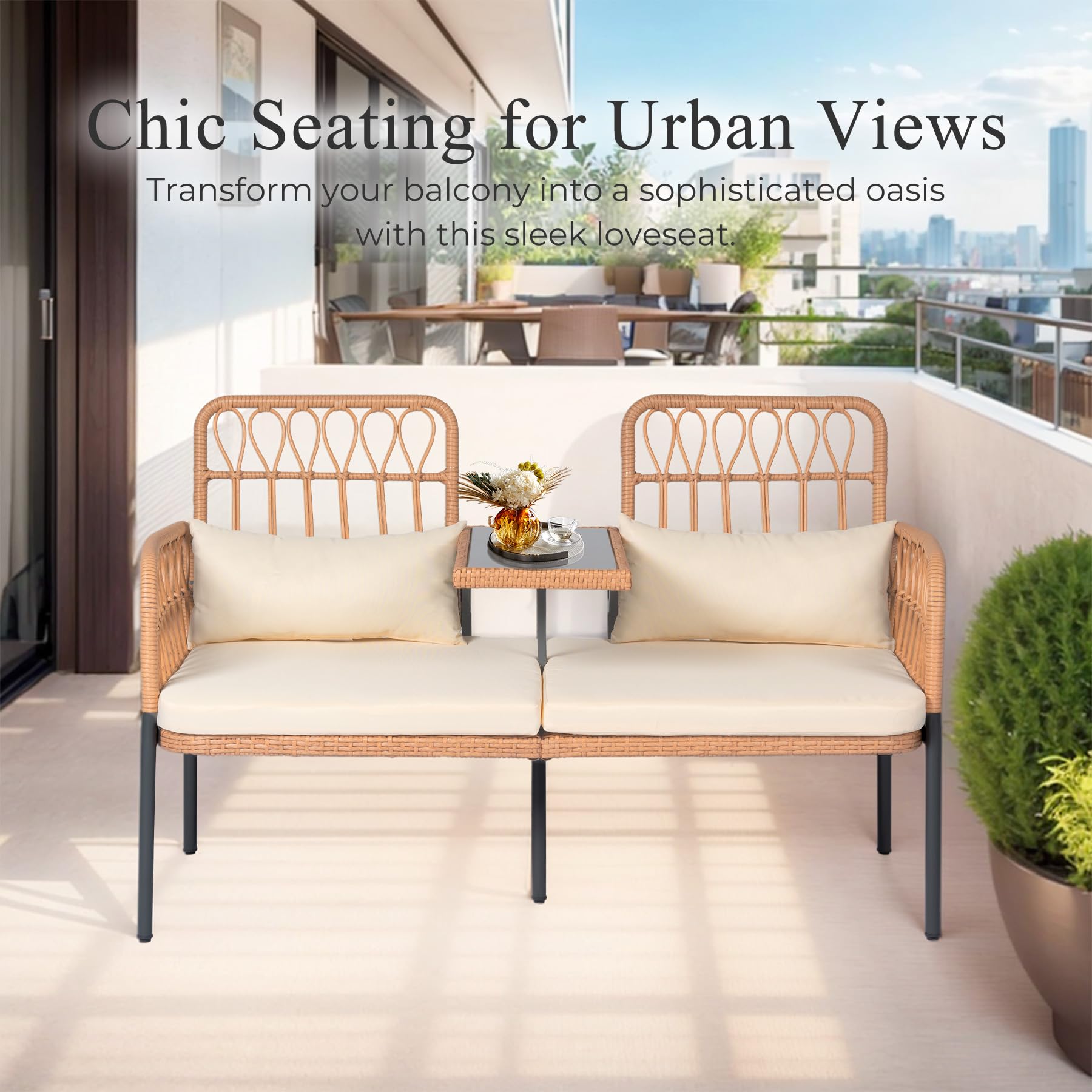 2 Seat Outdoor Rattan Loveseat with Built-In Table