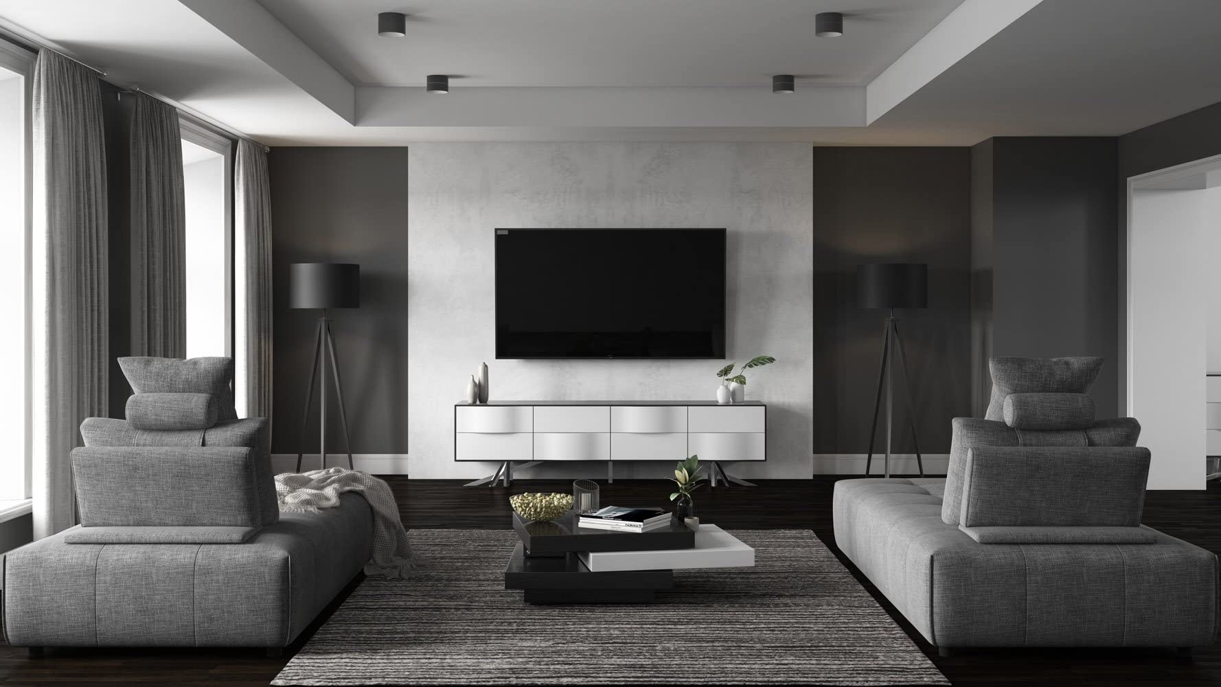 86.6" Modern TV Stand with Black Oak and White Lacquer Finish