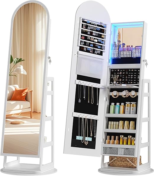 Arched Mirror Jewelry Cabinet with LED & 360° Swivel