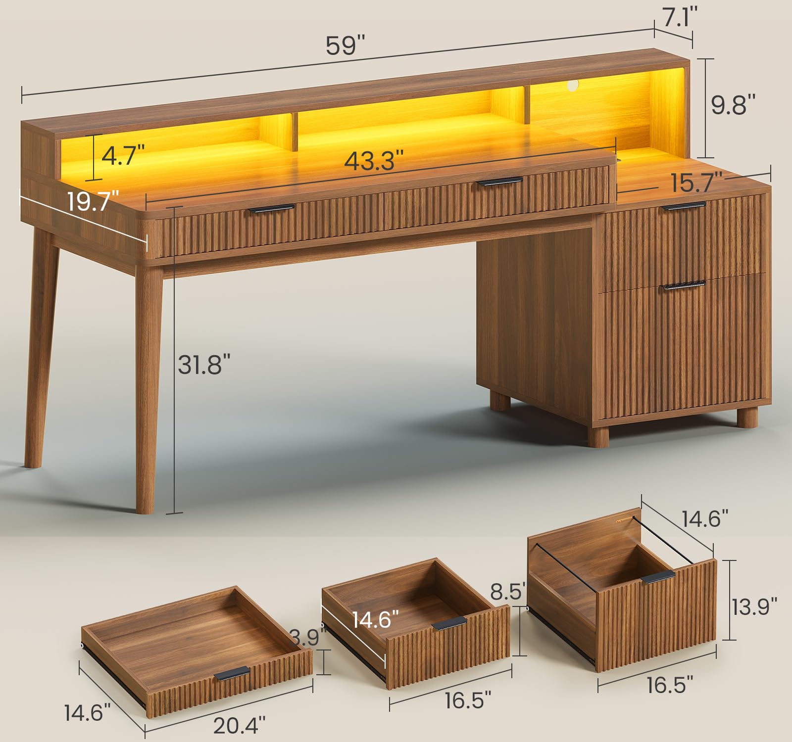 SEDETA Modern Office Desk with 4 Drawers, 59" Fluted Gaming Computer Desk with Storage, LED Lights and Power Strip, Wood Writing Desk Study Table for Home Office, Living Room, Bedroom, Brown