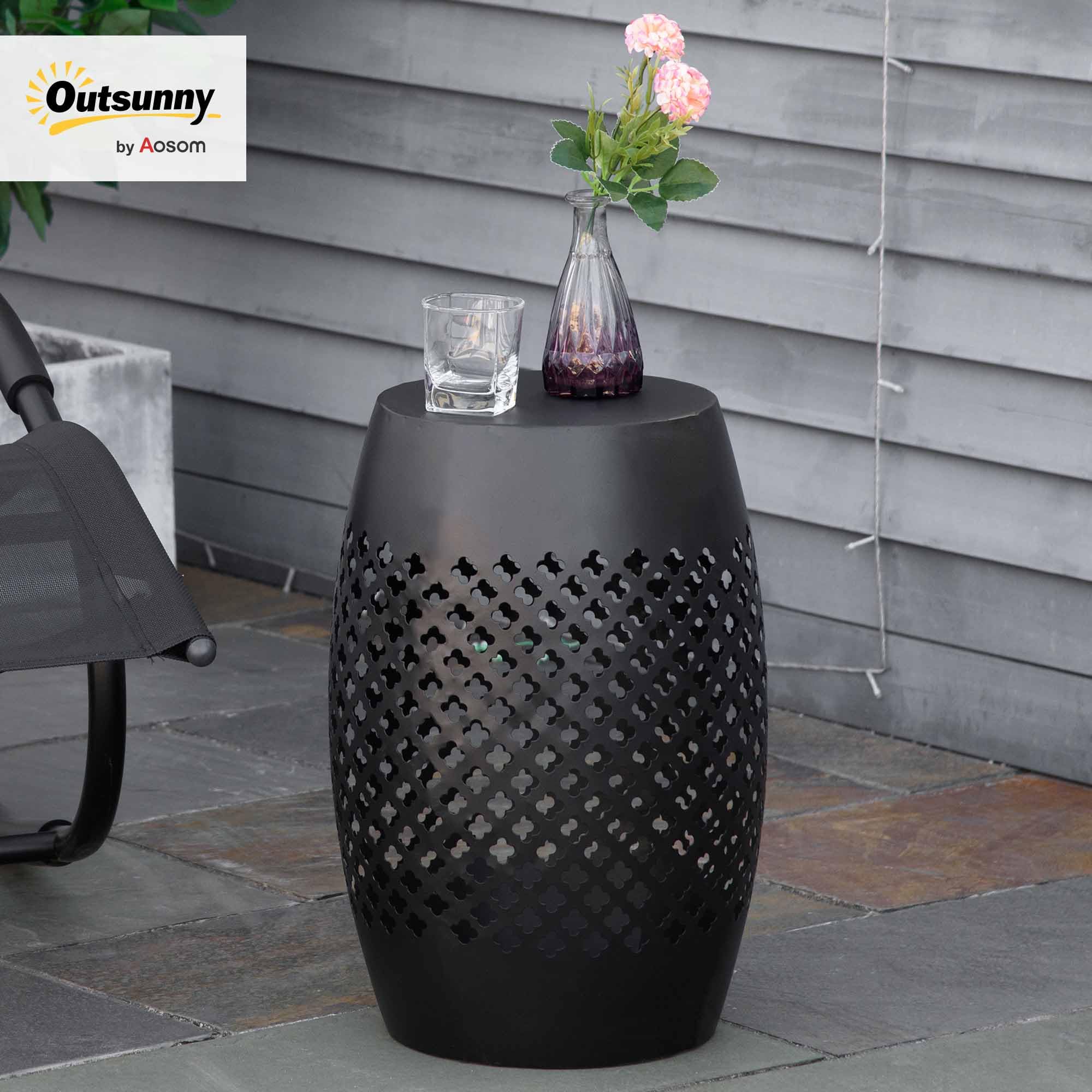 12.5" Steel Outdoor Side Table Round Hollow Drum Patio End Table