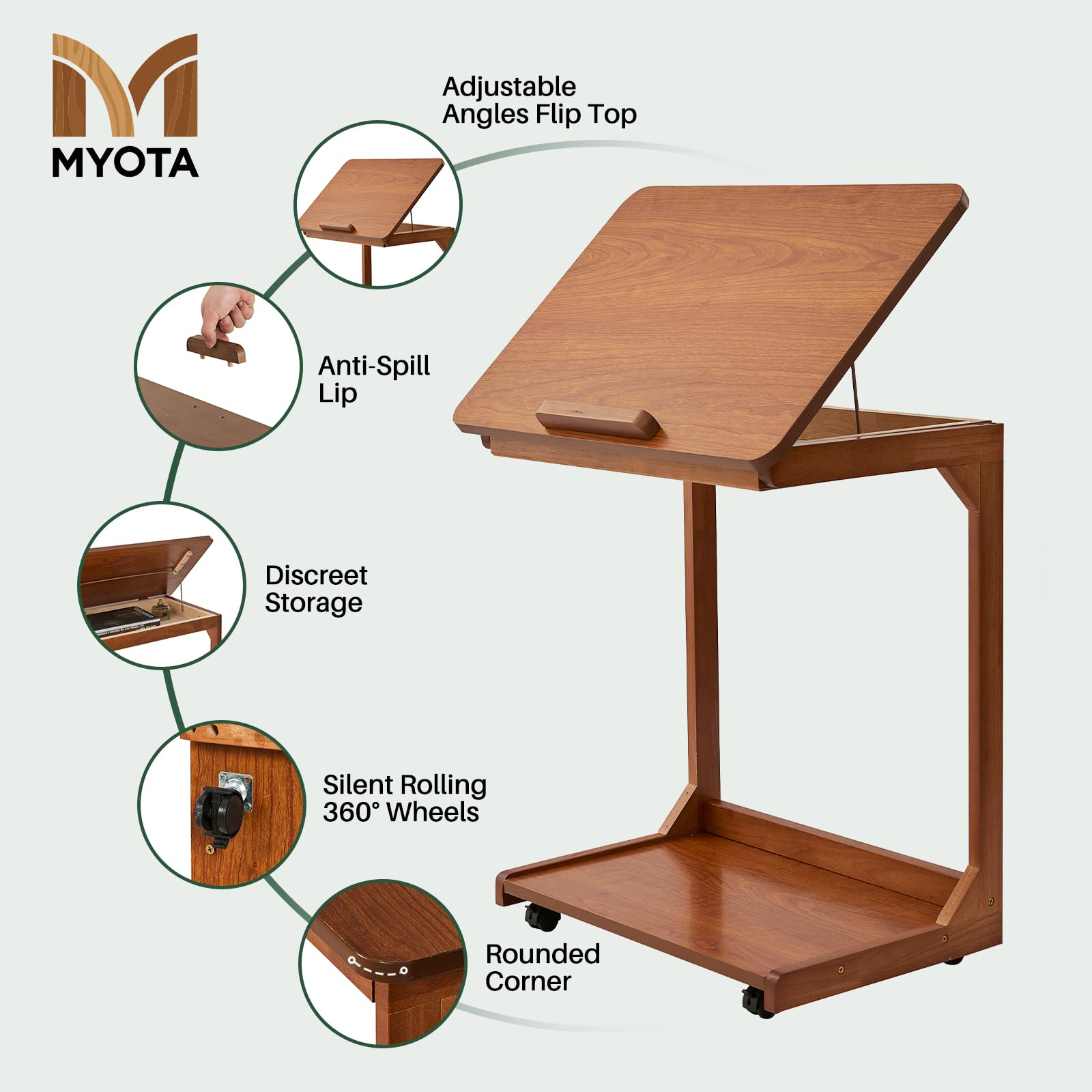 C-Shaped Rolling End Table with Wheels