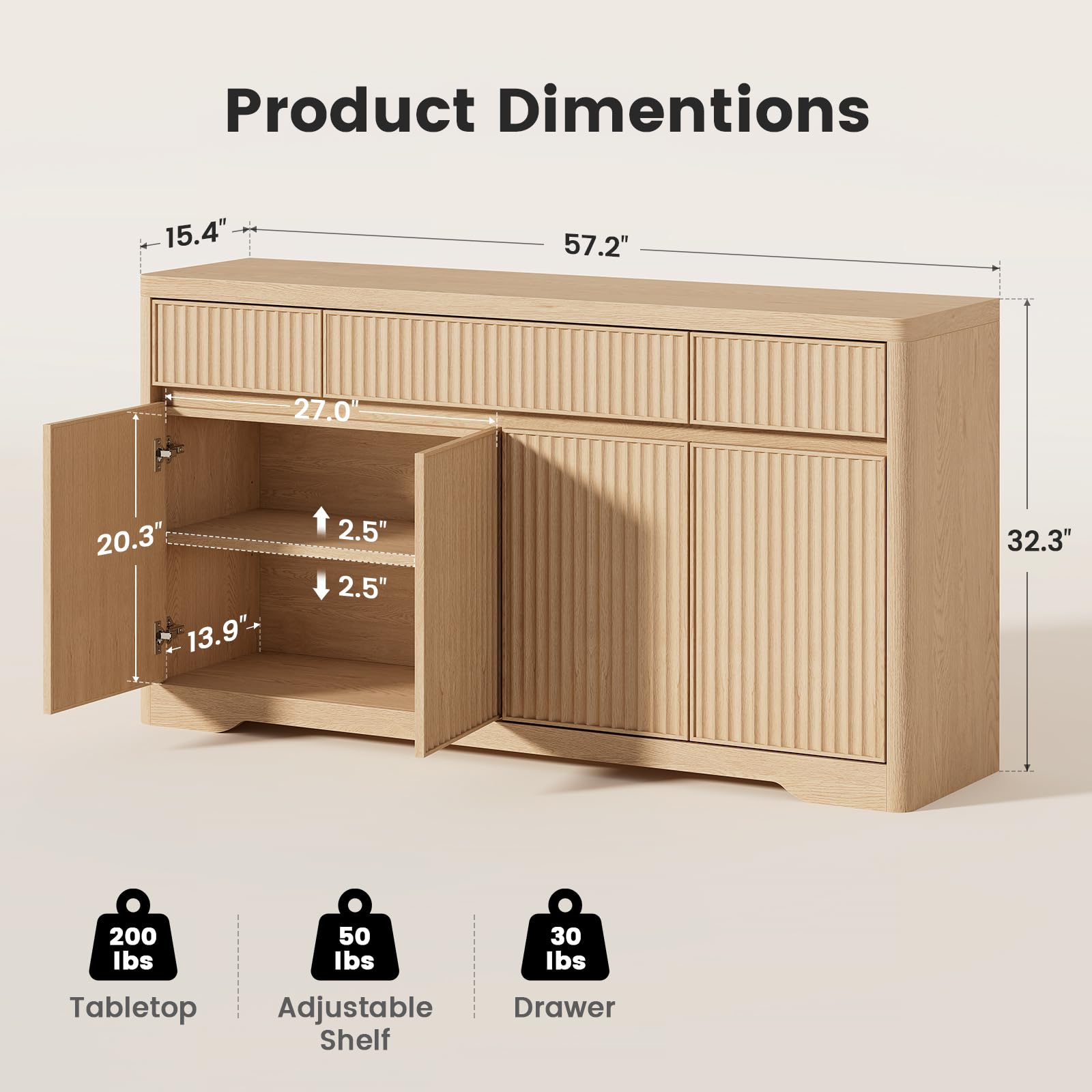 Fluted Buffet Cabinet with Storage