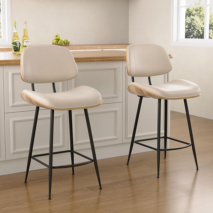 Mid Century Modern Barstool Set of 2 - PU Leather Counter Height Stools with Walnut Bentwood Back