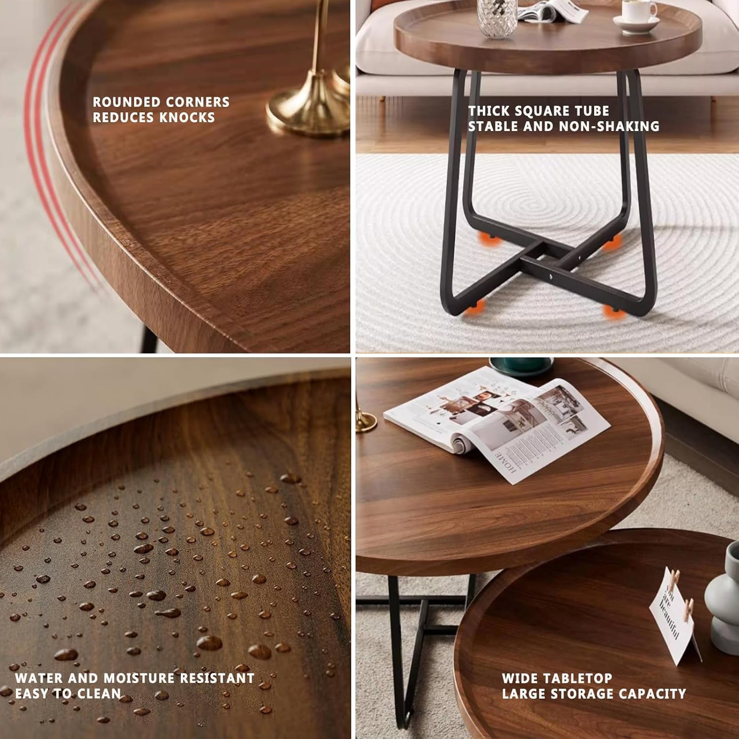 Round Nesting Coffee Table Set of 2 - Walnut with Fluted Design