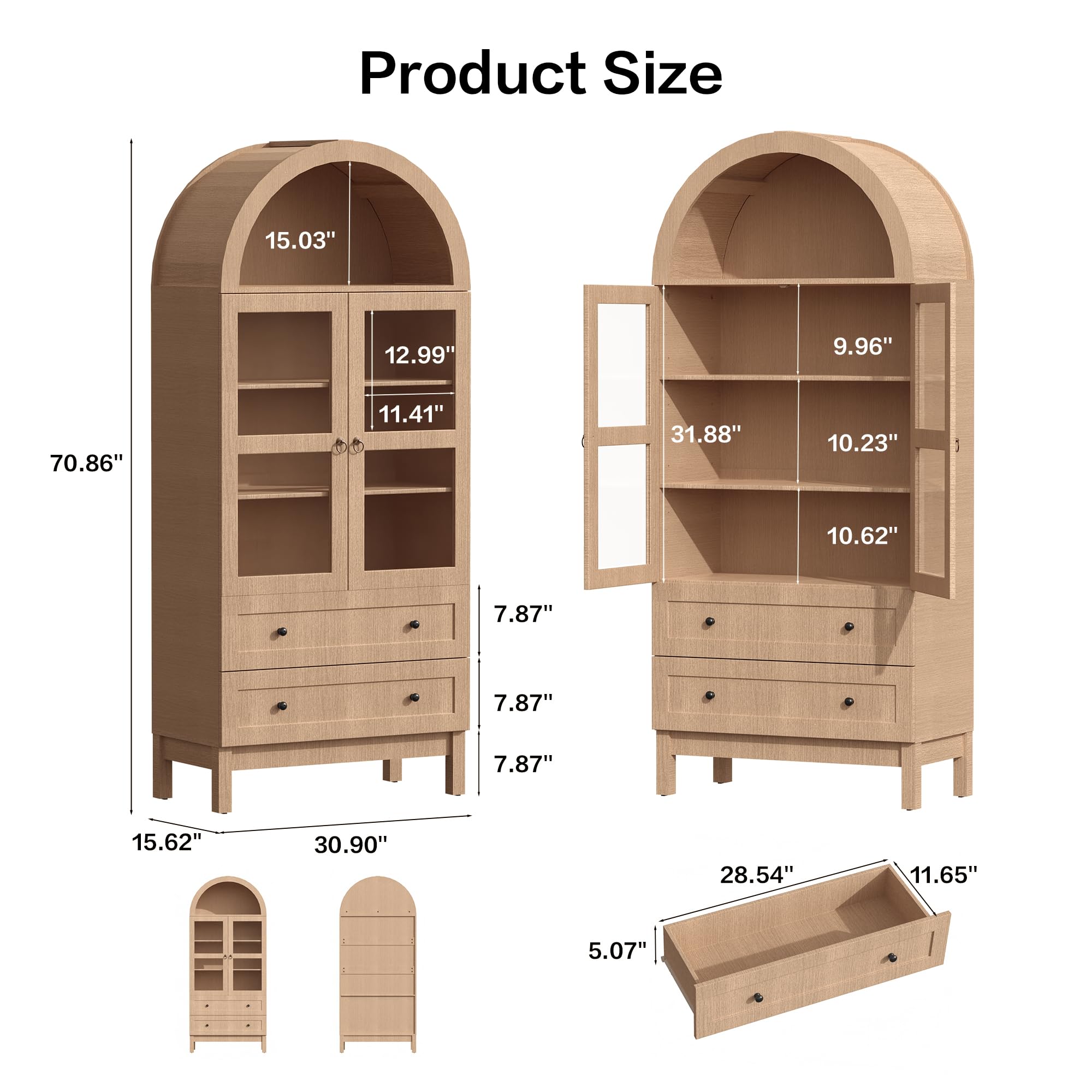 Arched Kitchen Pantry Cabinet with Glass Doors