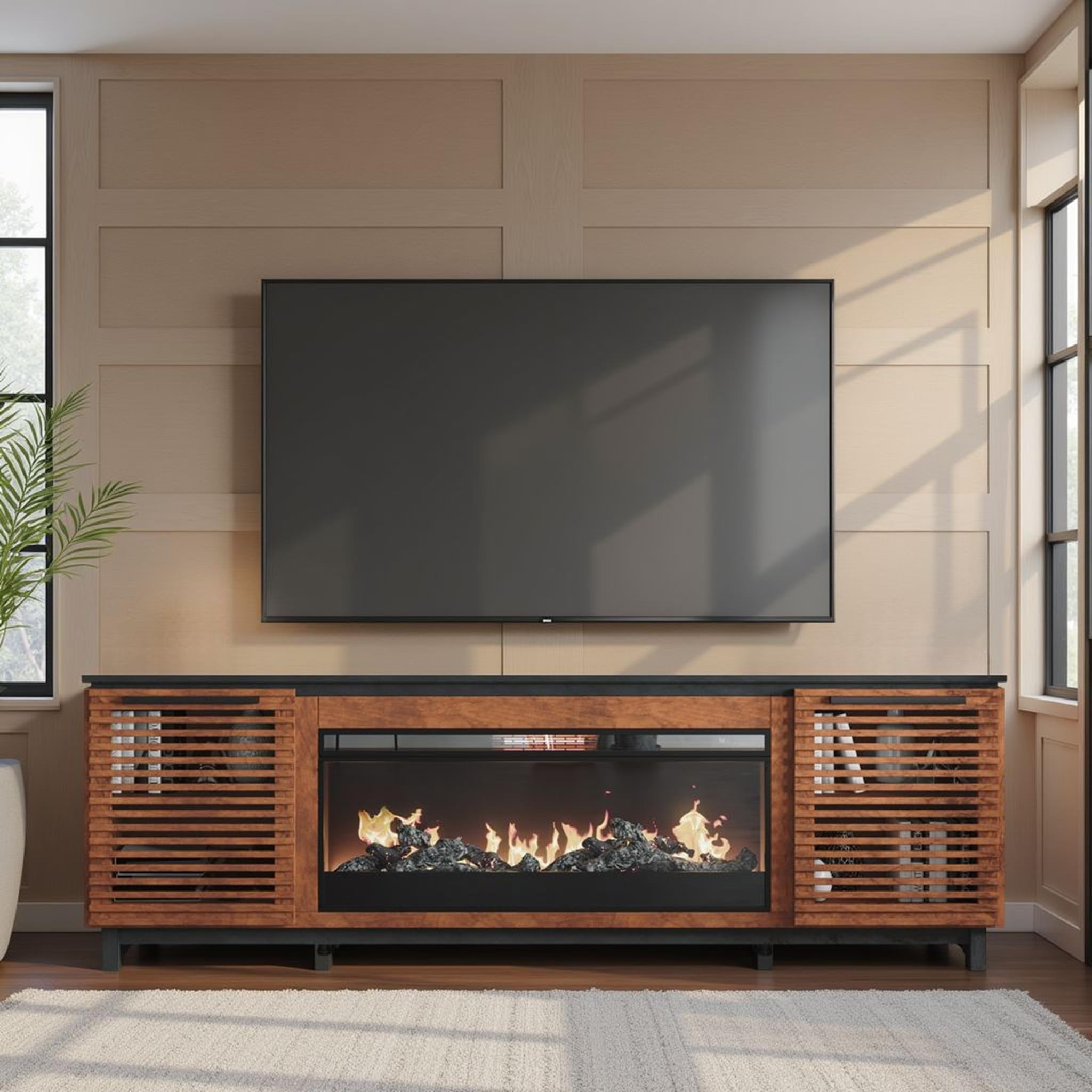 86" Electric Fireplace TV Stand with Solid Wood Construction