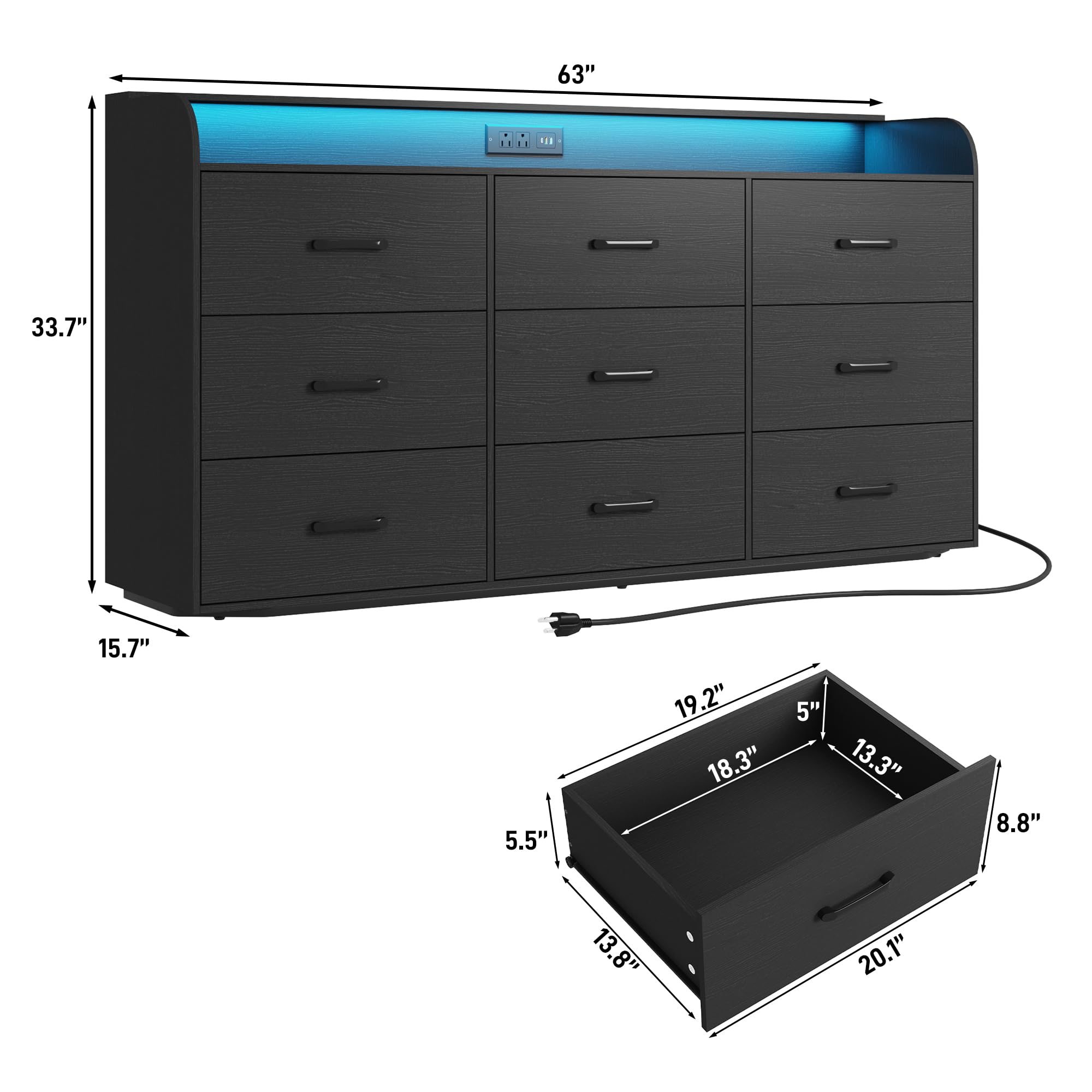 9-Drawer Dresser with Power Outlet and LED Lights