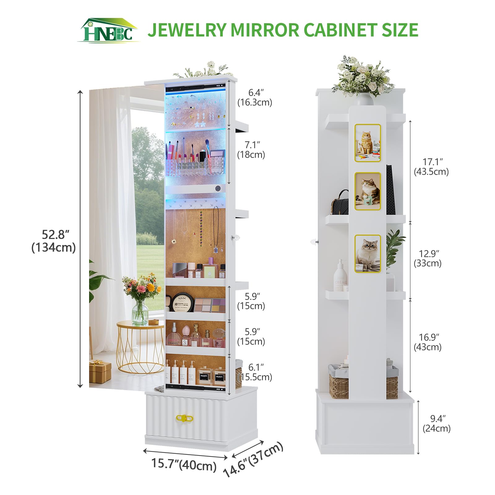 Full Length Mirror Jewelry Cabinet with LED Lights and Storage