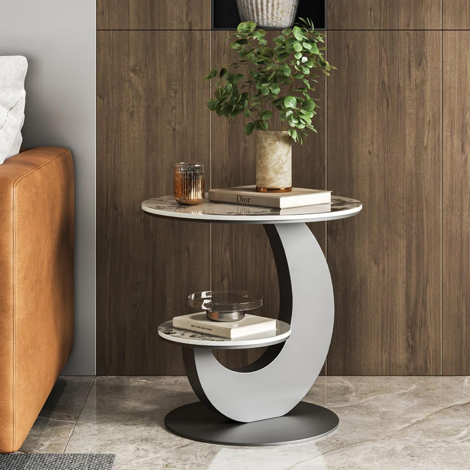 Modern Round End Table Faux Marble 2-Tier with Storage Shelf
