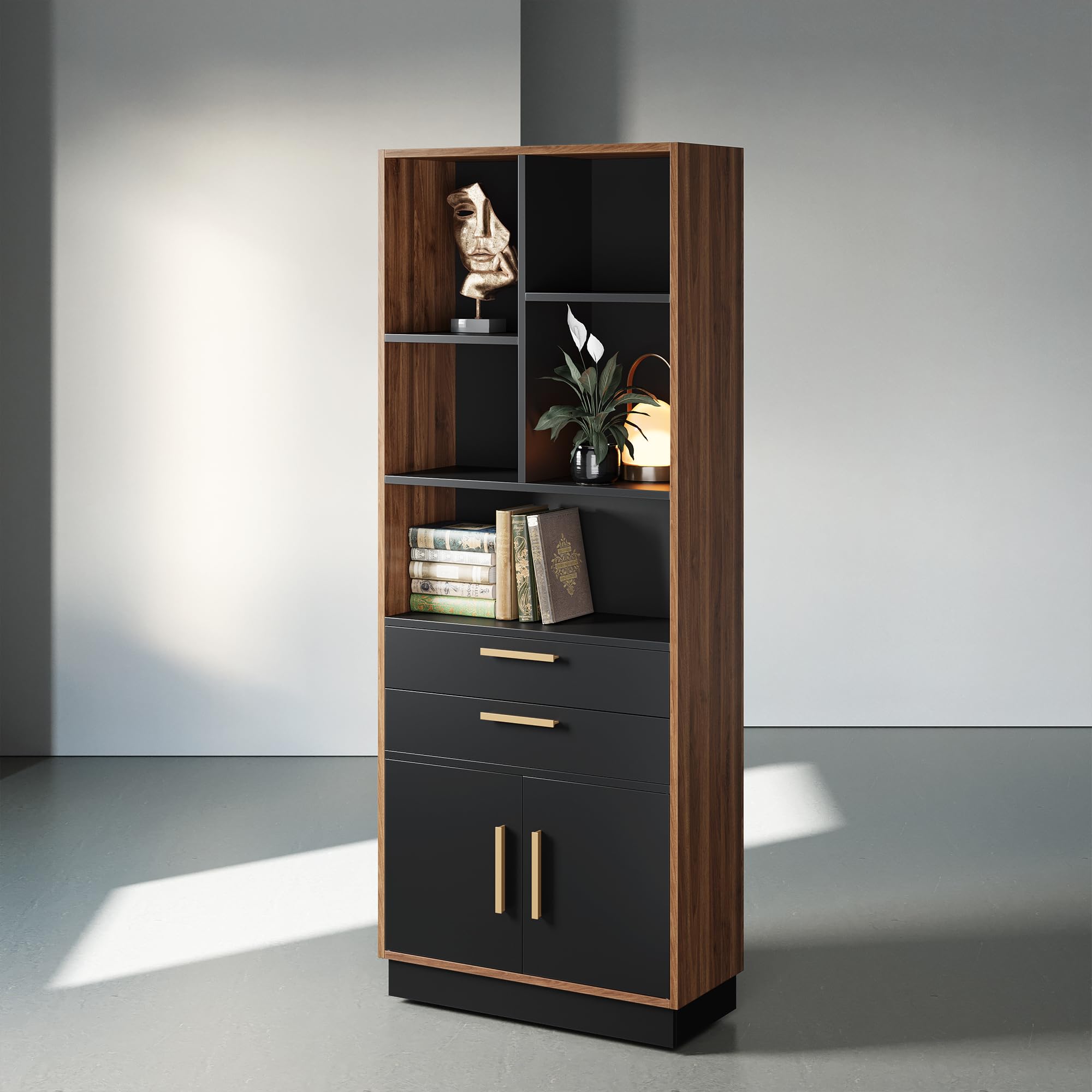 Wood Bookcase with 2 Drawers and Doors