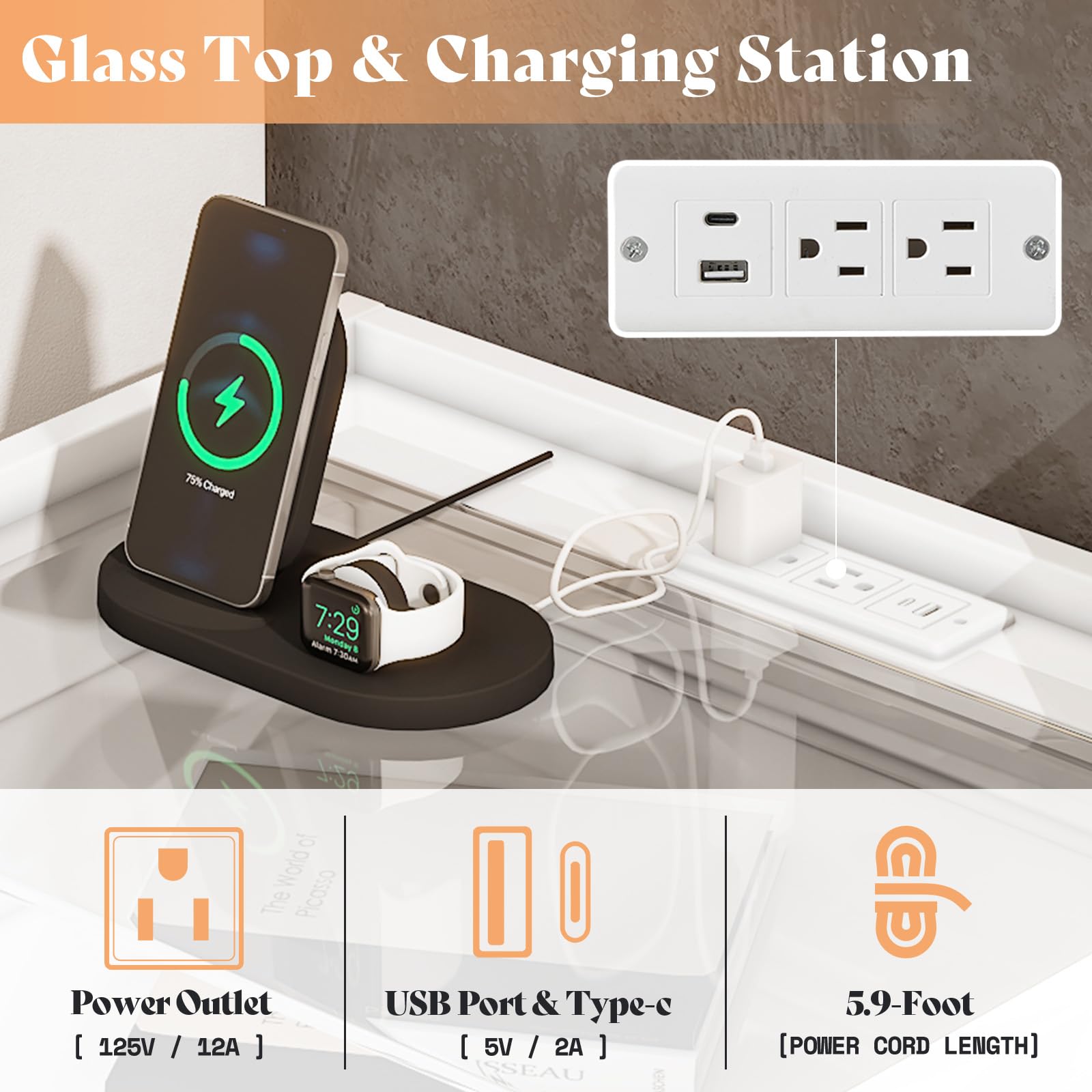 4 Piece Bedroom Furniture Set with Charging Station and LED Light