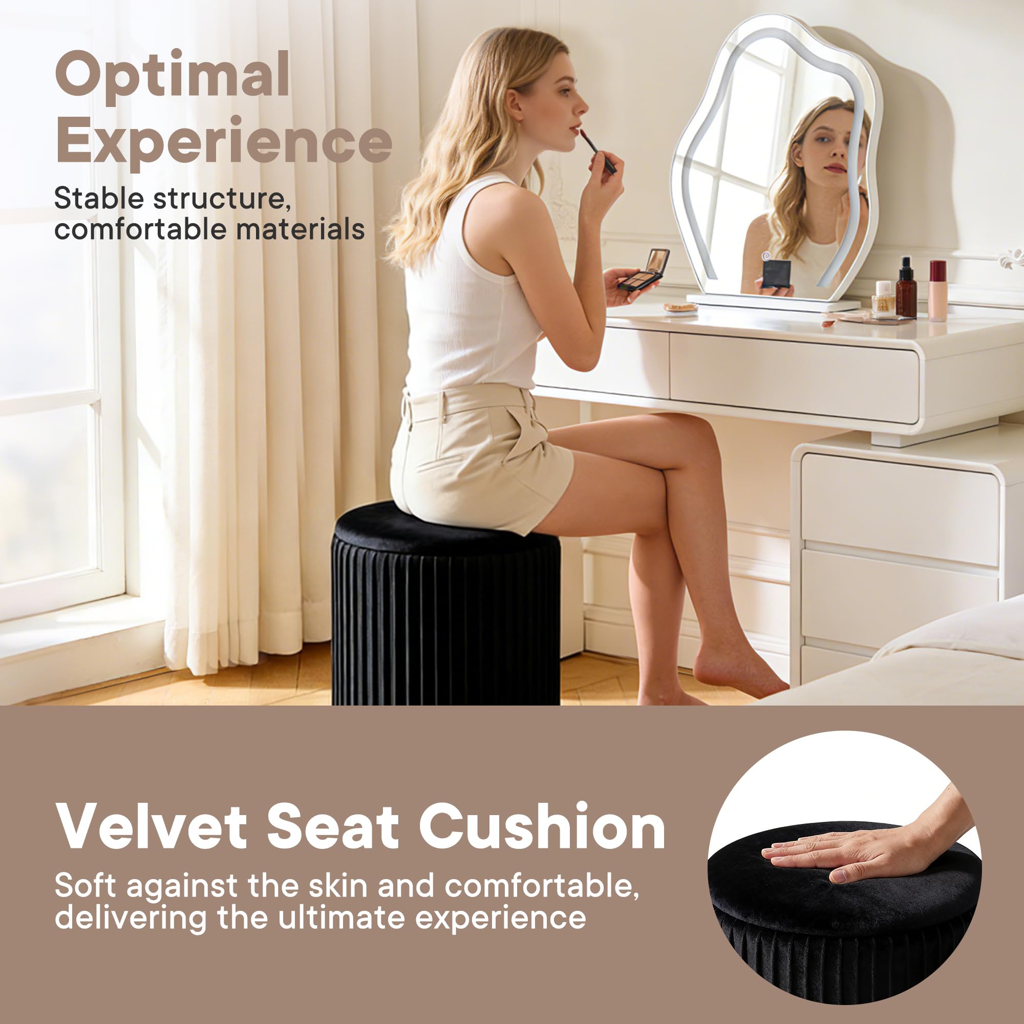 Round Ottoman Storage Set of 2 Black Velvet