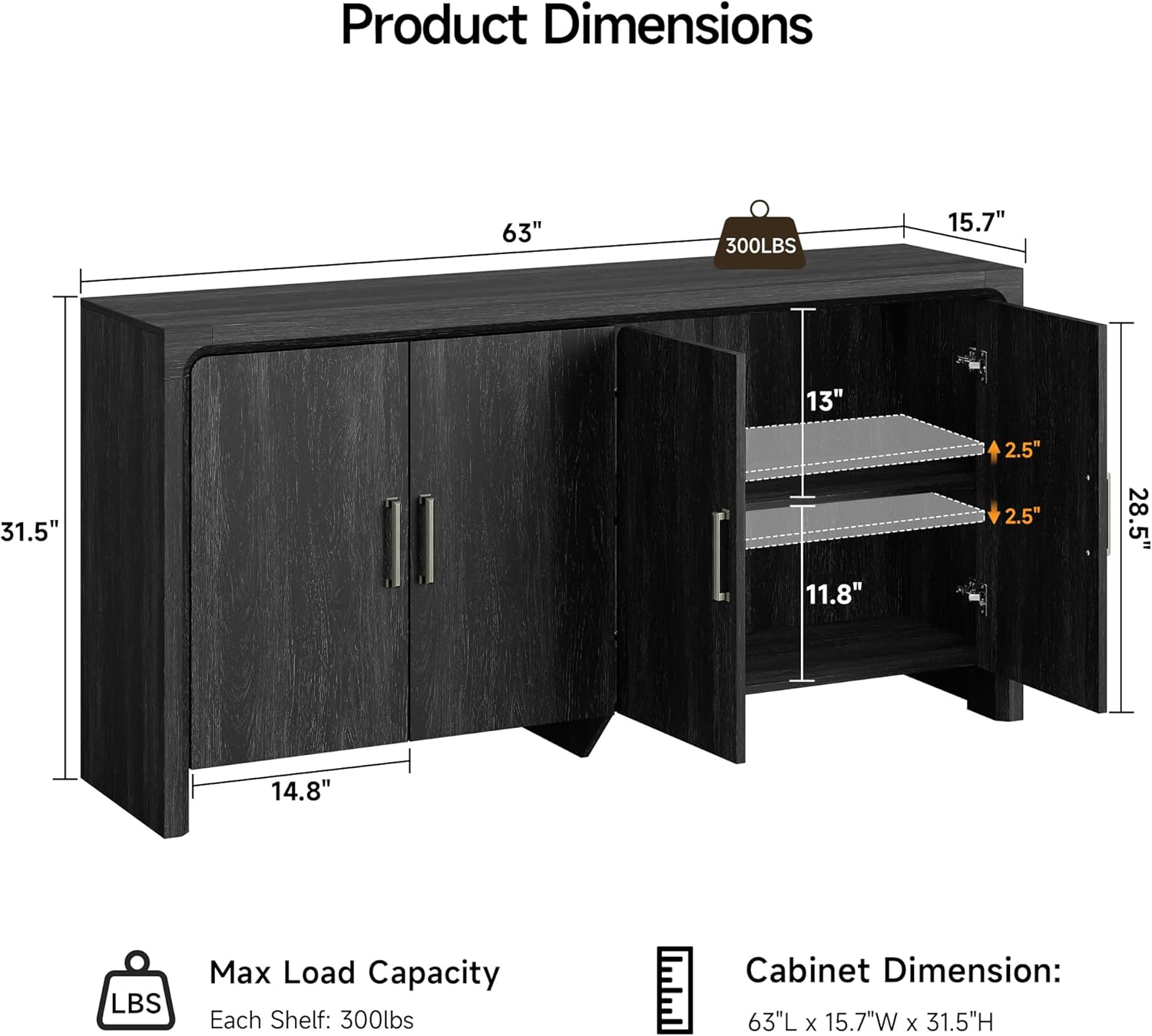 63" Buffet Cabinet with 4 Doors and Adjustable Shelves