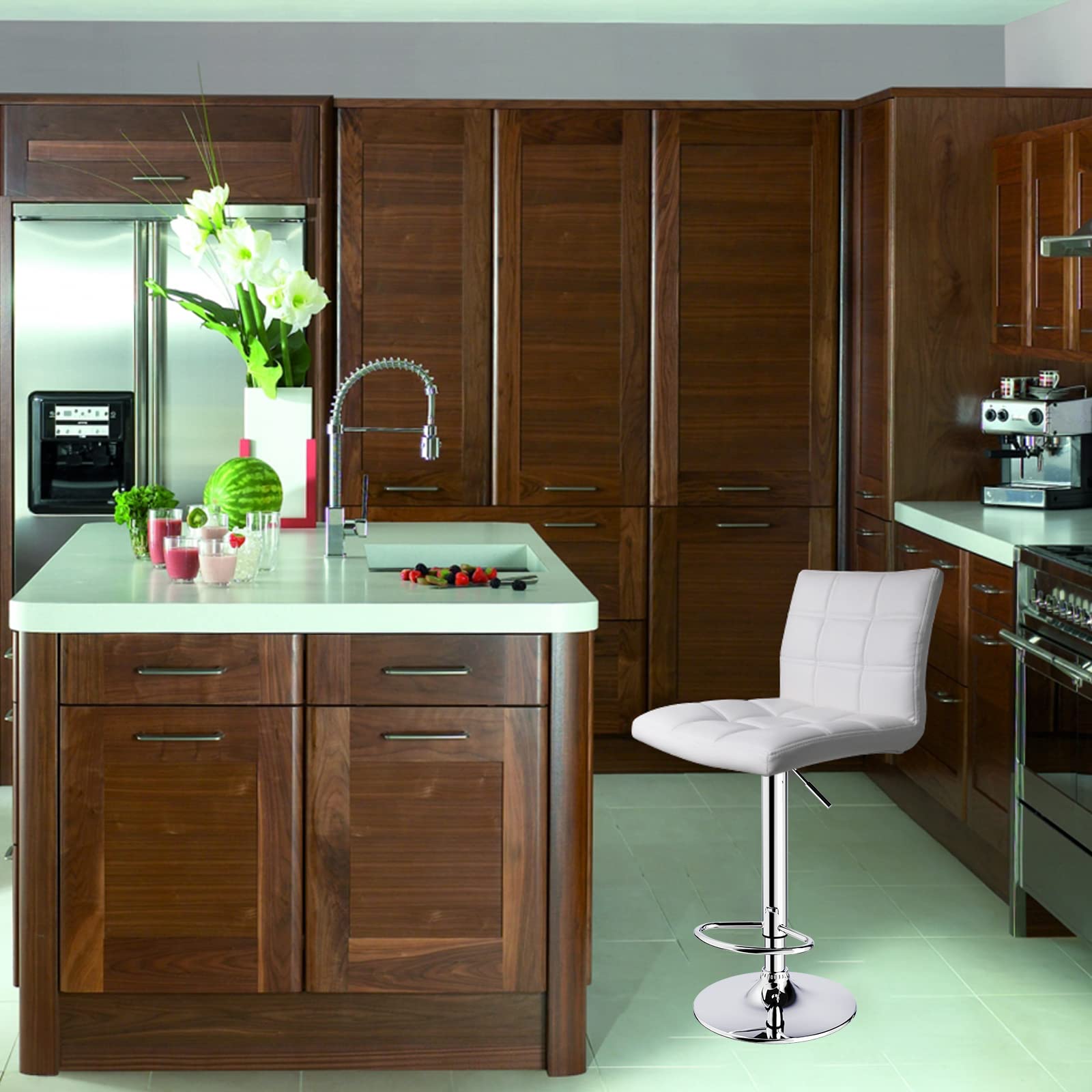 Leopard Modern Square PU Leather Adjustable Bar Stools with Back, Square Back Bar Stools Set of 2, Bar Height Swivel Barstools for Kitchen Counter (White)