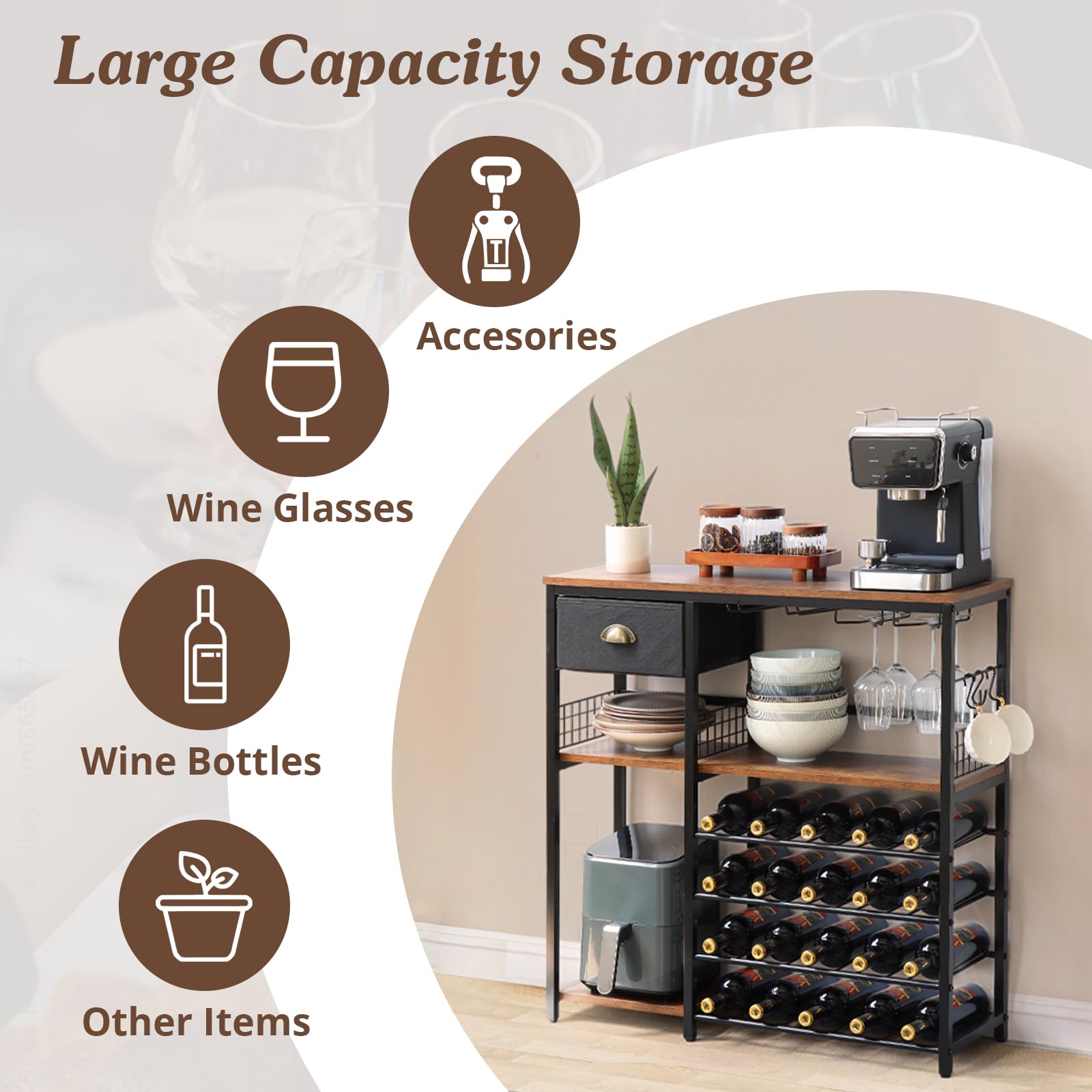 5-Tier Wood Wine Rack with Glass Holder