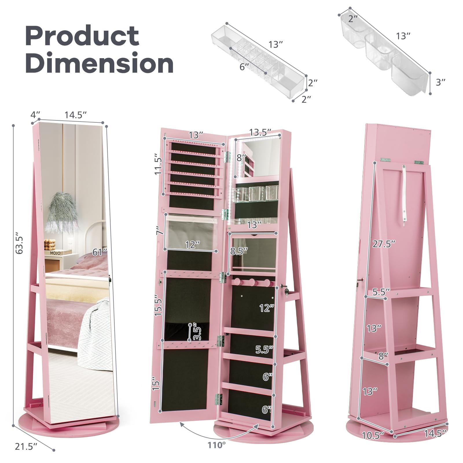 360° Swivel Jewelry Armoire with Full Length Mirror