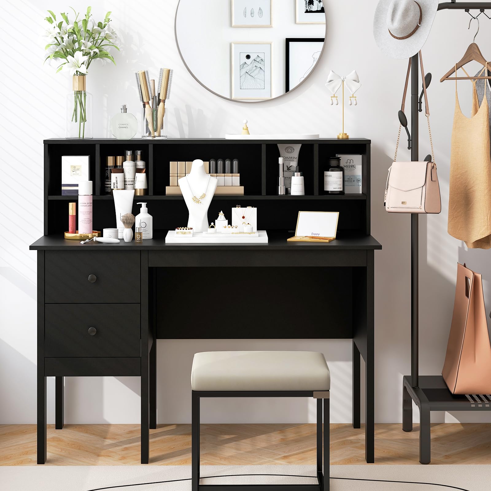 Black Desk with Drawers and Hutch