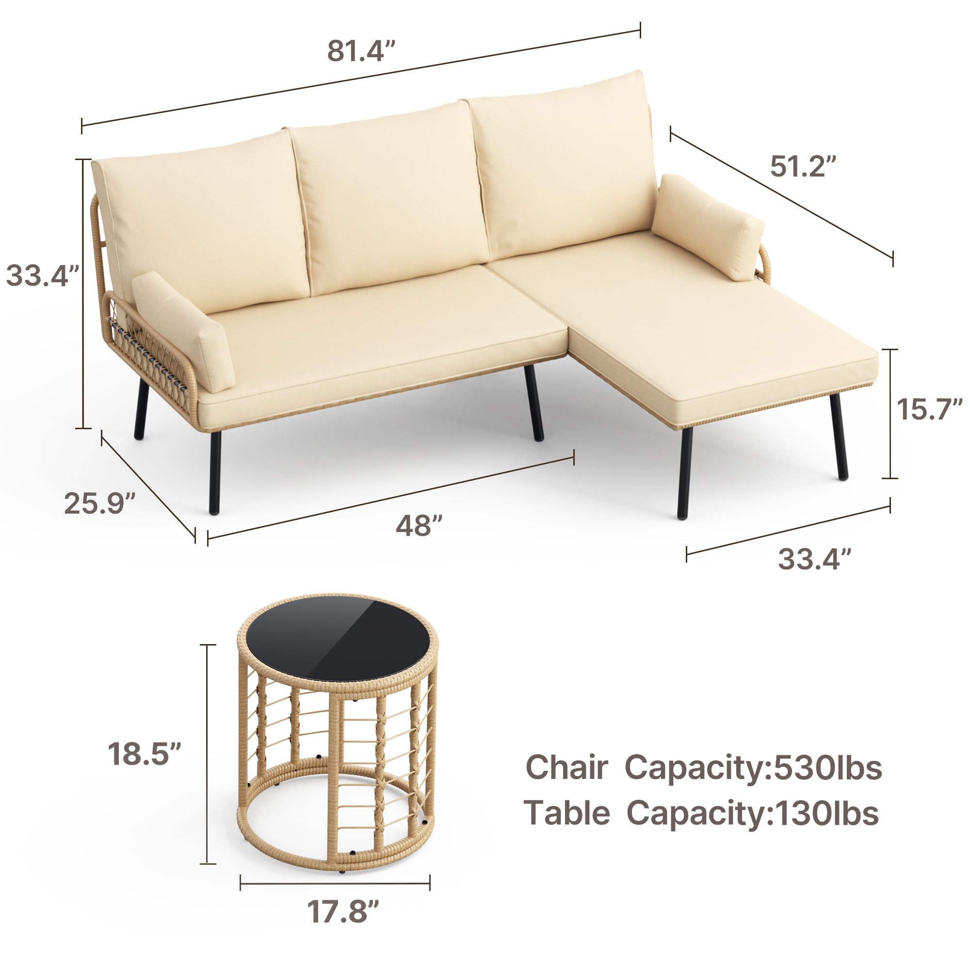 3-Piece Outdoor Patio Furniture Set with L-Shaped Sofa and Glass Table