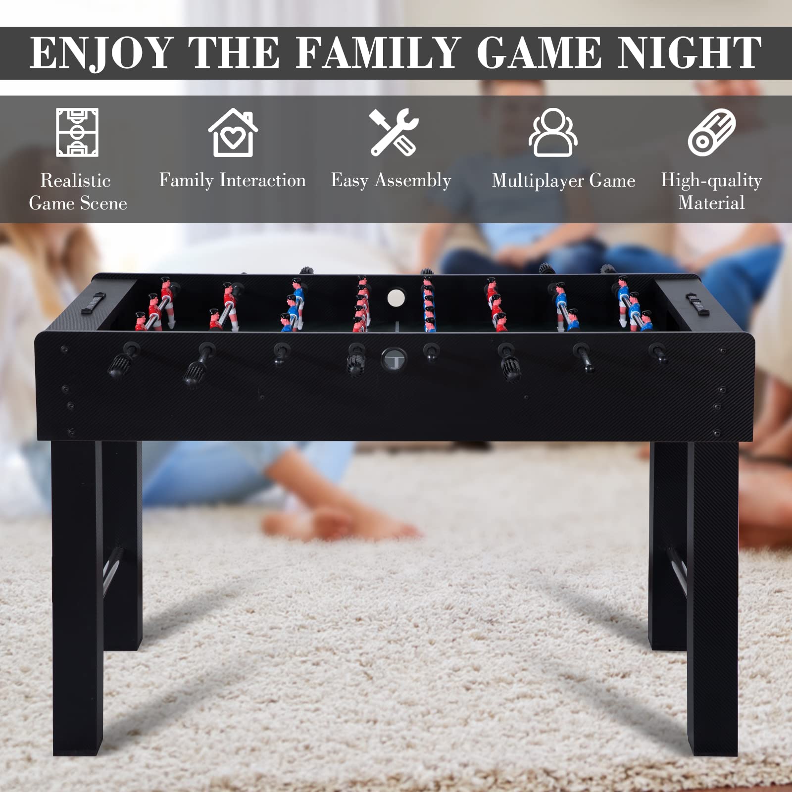 REAHOISY 48in Foosball Table, Competition Sized Soccer Table w/ 2 Balls, 2 Cup Holders 2x4ft for Kids, Adults, Suit for 4 Players, Football Table for Home, Game Room, Arcade (Black)
