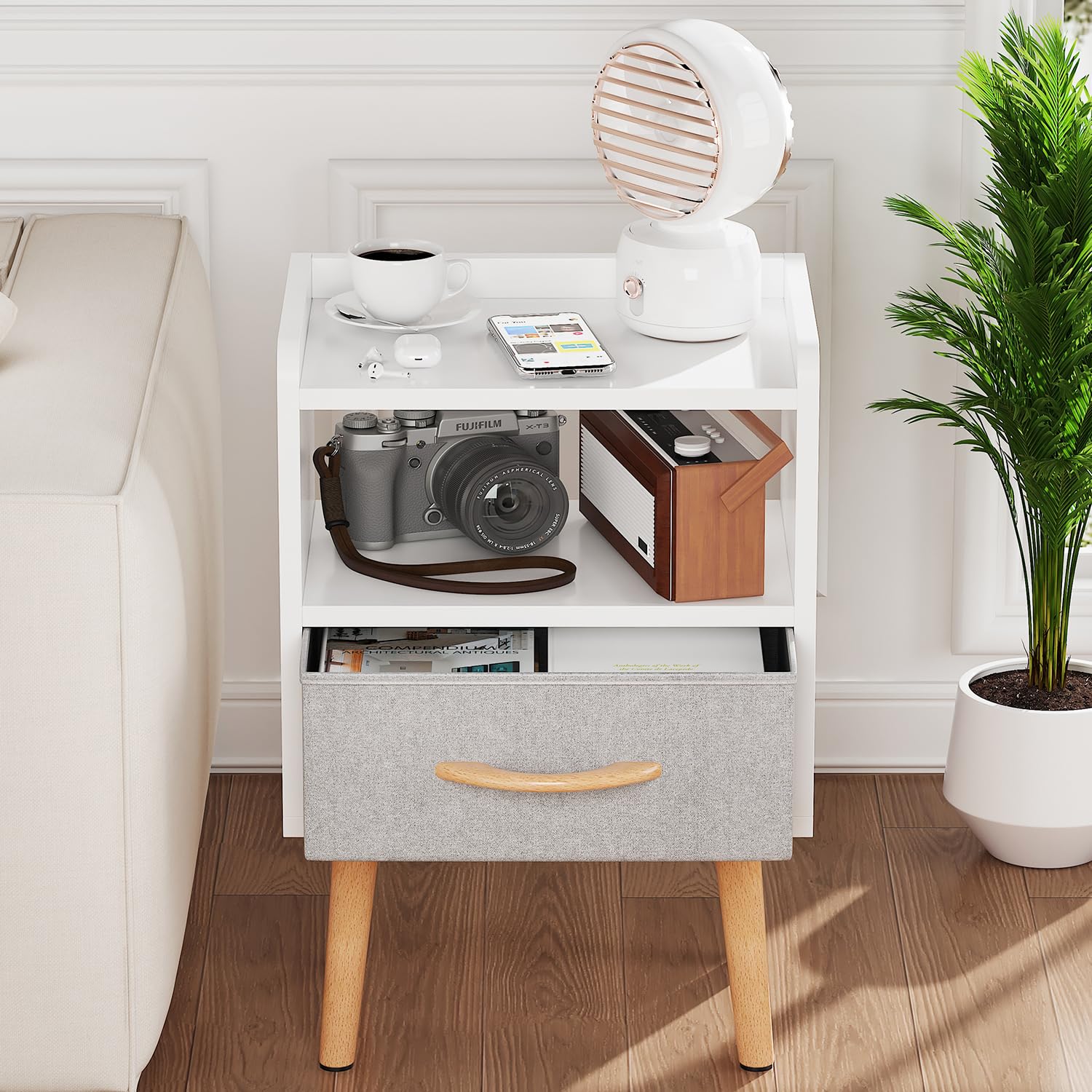 White Mid Century Modern Nightstand with Drawer