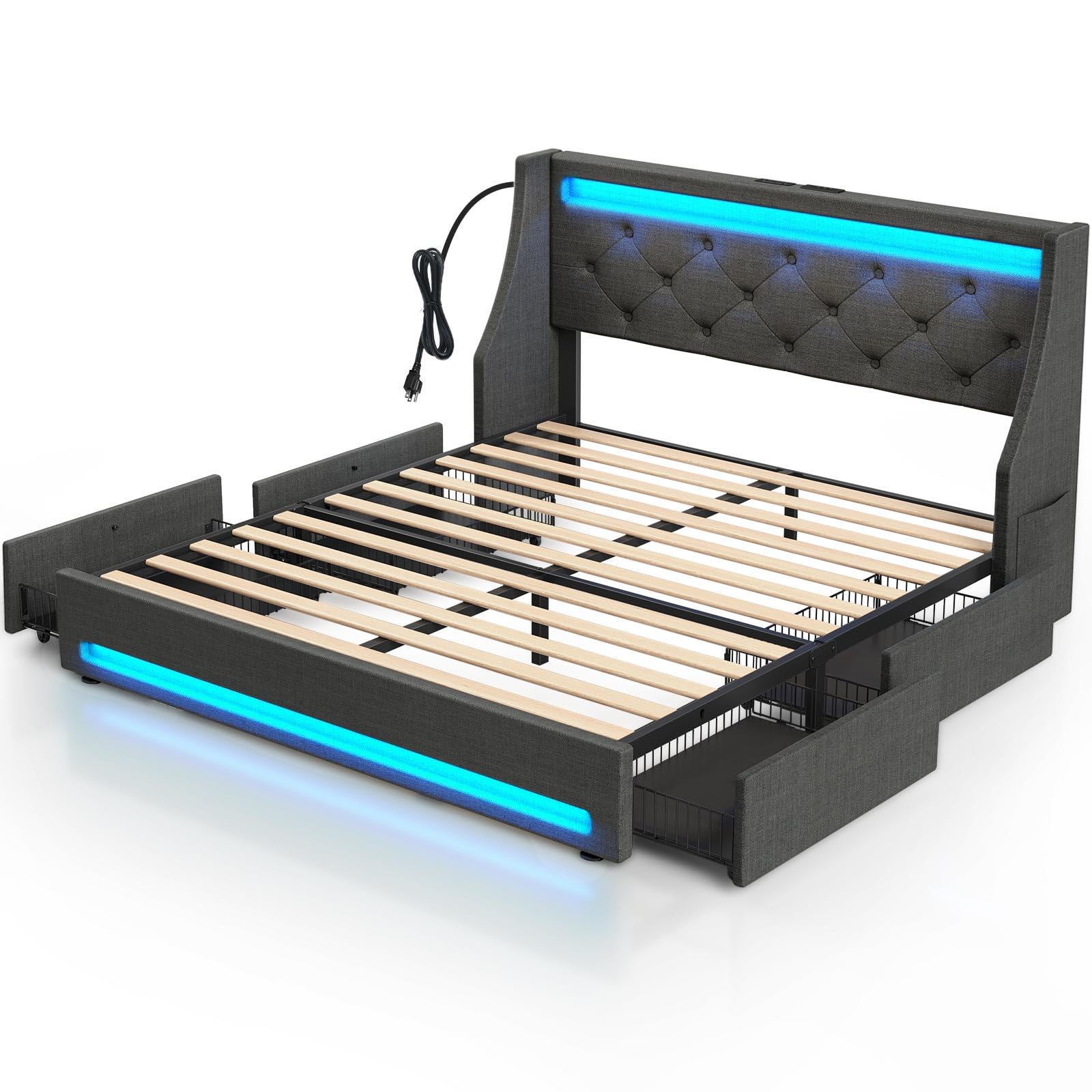 Full Bed Frame with LED Lights and Charging Station