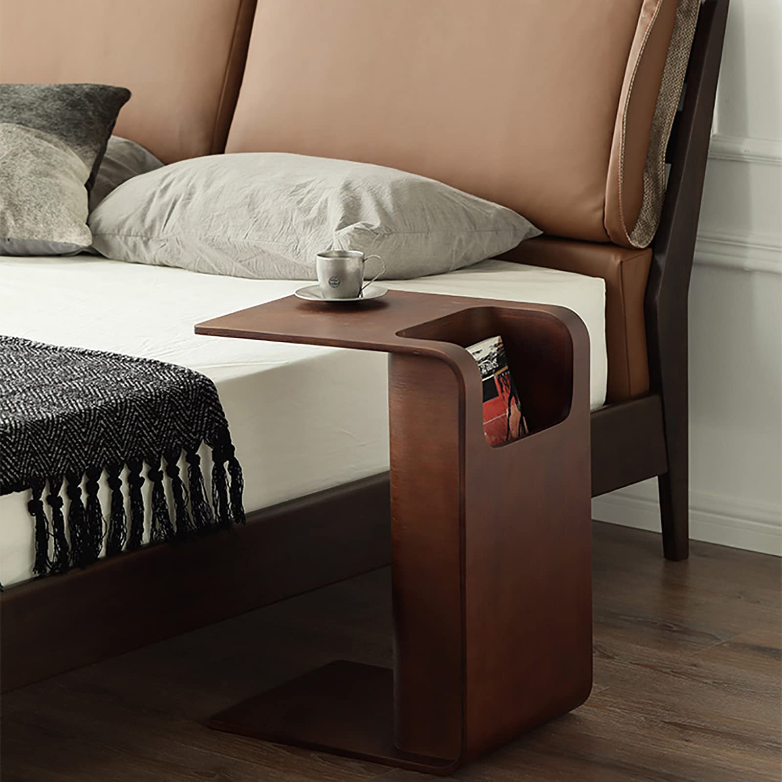 Wood C-Shaped End Table with Storage
