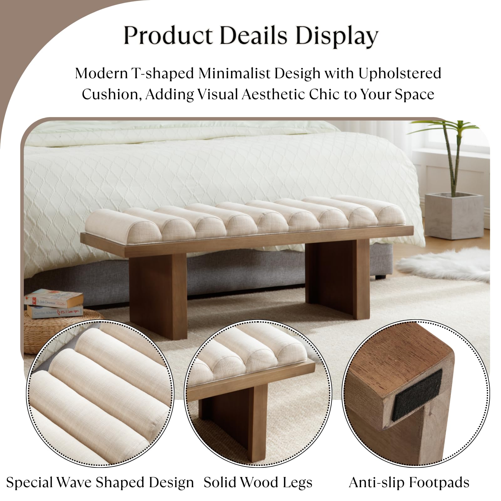 47 Inch Upholstered Bench with Cylindrical Cushion