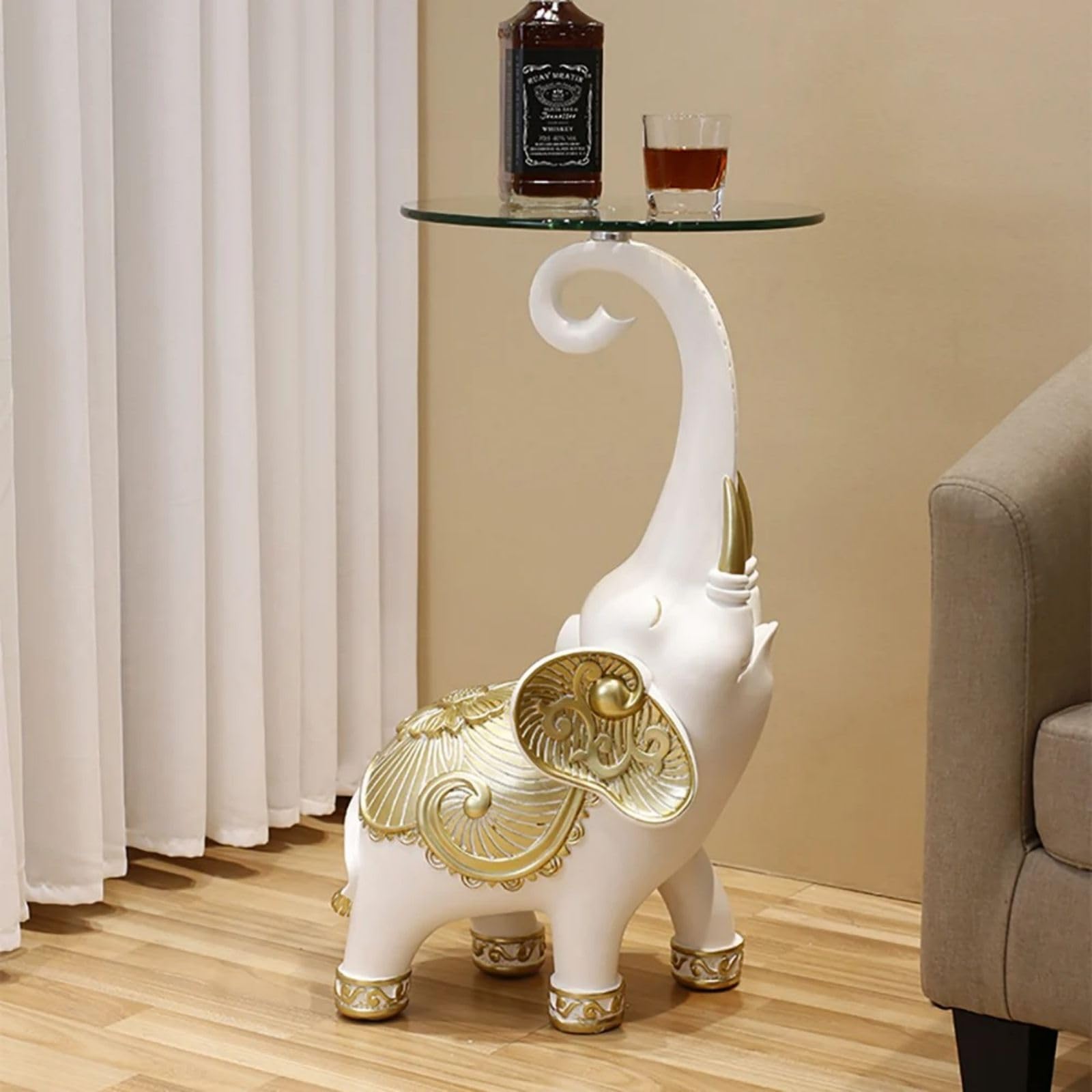 White Elephant Statue Side Table with Clear Glass Top