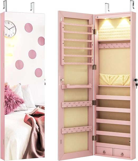 Wall-Mounted Jewelry Armoire with Full-Length Mirror and LED Lights