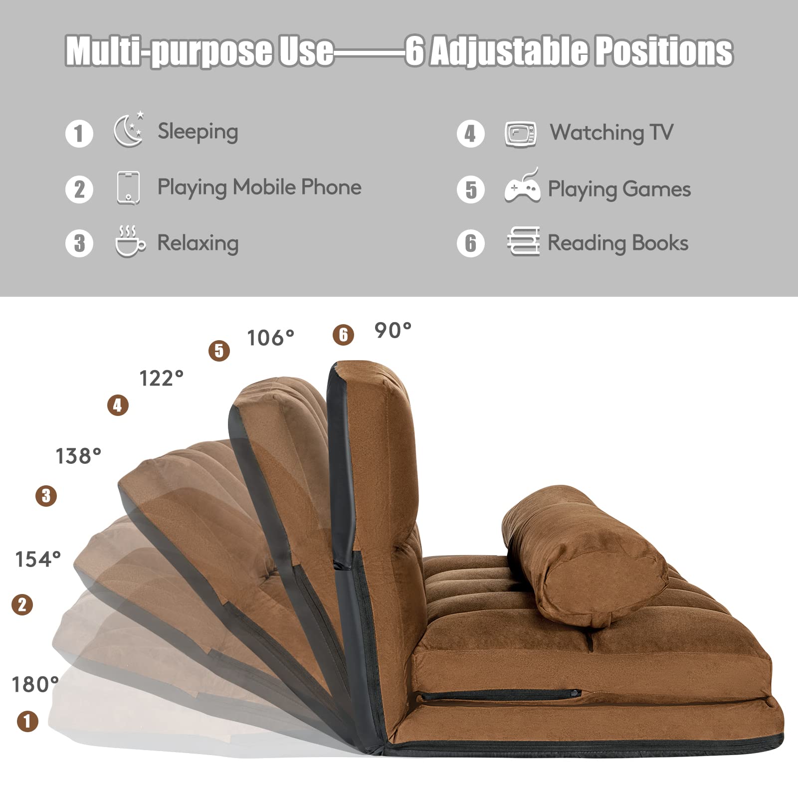 6-Position Adjustable Floor Sofa with Removable Pillows