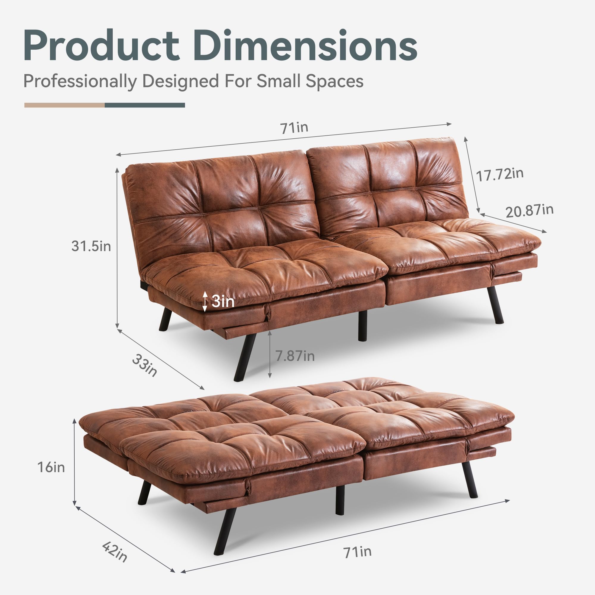 71" Futon Sofa Bed - Convertible Couch with Memory Foam