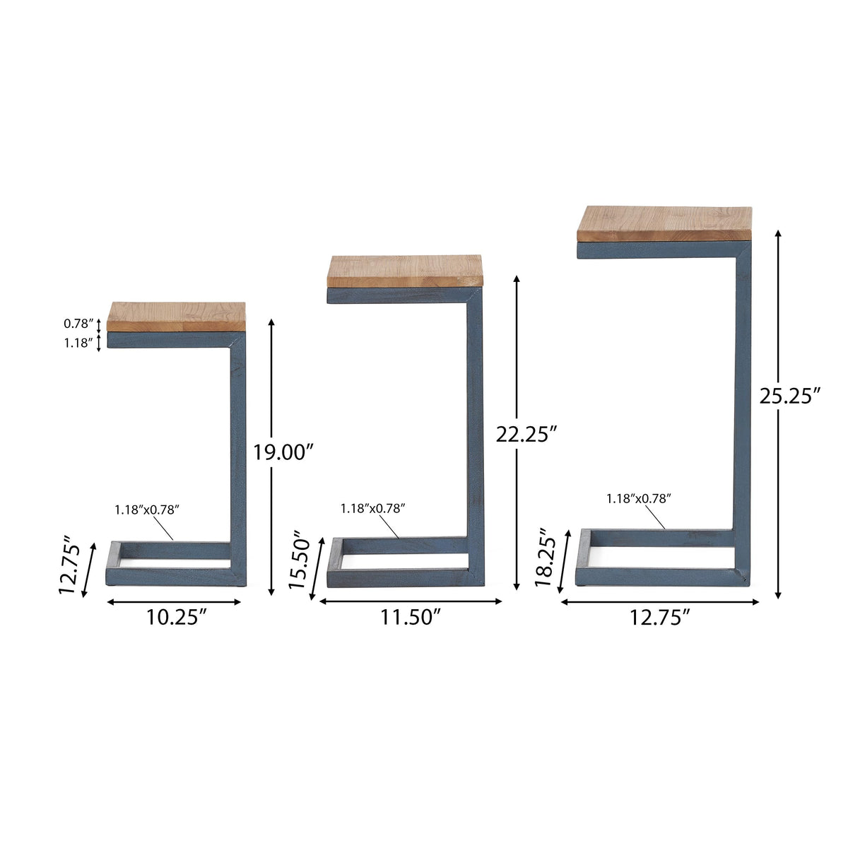 Fir Wood and Iron Nesting Side Tables Set of 3