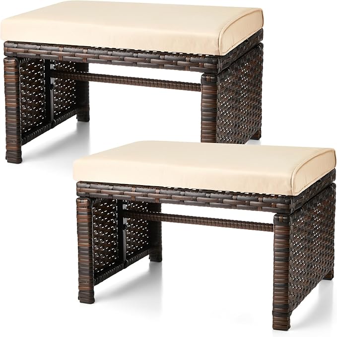 Patio Rattan Ottomans Set of 2