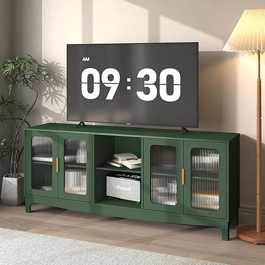 65 Inch White TV Stand with Glass Door Storage Cabinet