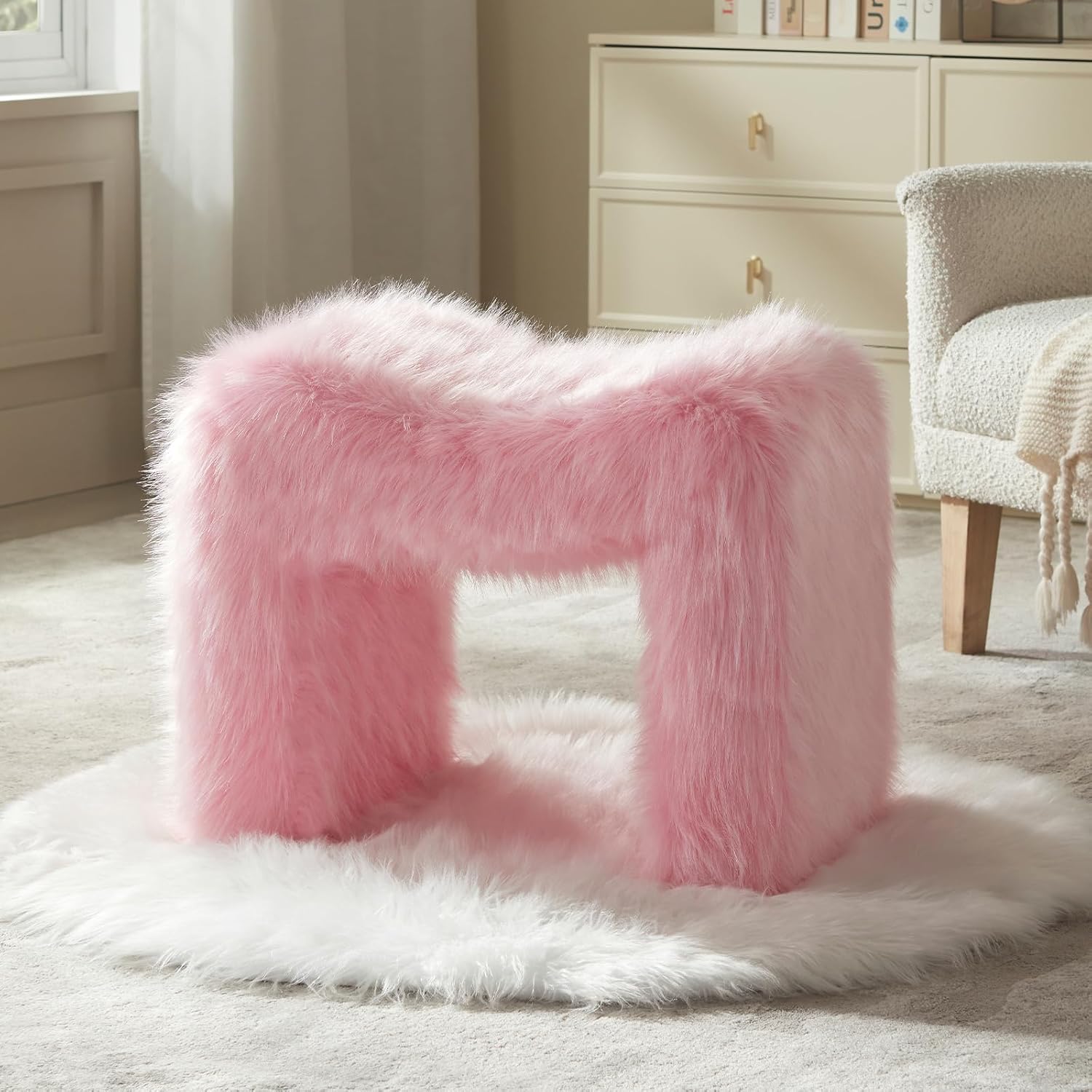 Small Footstool Ottoman Vanity Stool Set White Teddy Velvet 2-in-1